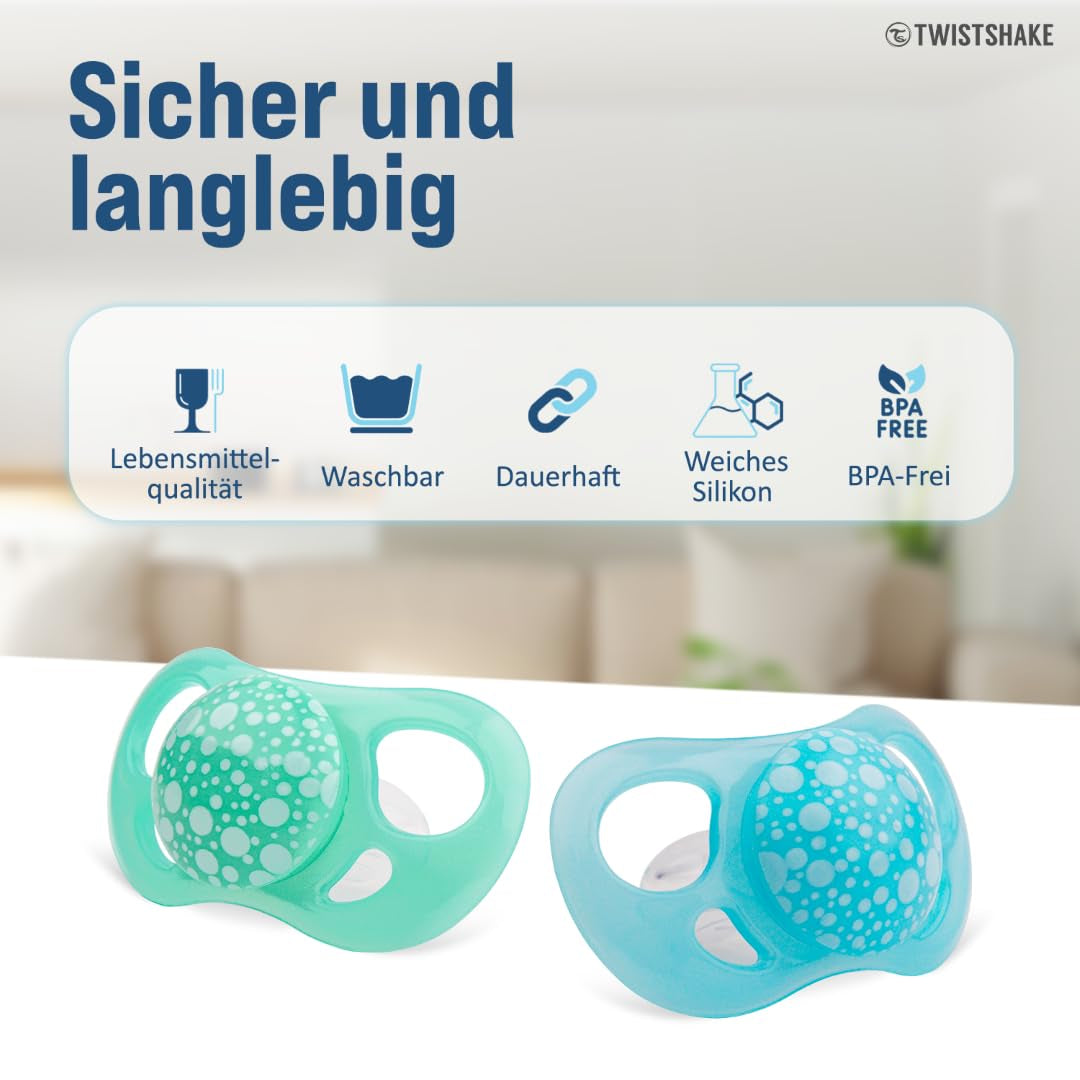 Chupetes para bebé Twistshake - Paquete de 2 | Forma de ortodoncia | Ultraligero | Tetina de silicona suave | Sin BPA | Apto para bebés a partir de 6 meses | azul verde
