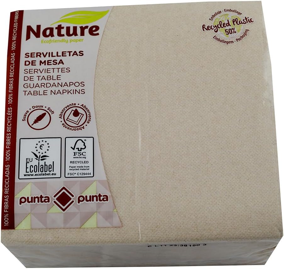 Servilletas de papel reciclado, 2 capas, ecológicas, 100% fibras recicladas, envases de plástico 50% reciclado, 33 X 33 Cm.