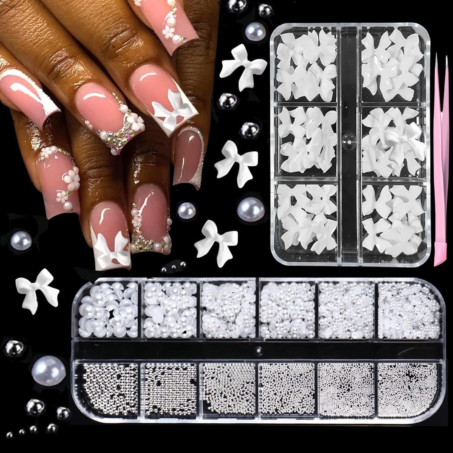 GZMAYUEN 920 Uds. Perlas planas doradas y plateadas para uñas, perlas de uñas color beige medio blanco, perlas pequeñas Halbrunde con parte posterior plana para decoración de uñas DIY