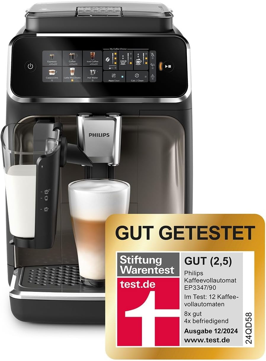 Cafetera espresso automática PHILIPS serie 3300 - 6 bebidas, moderna pantalla táctil a color, sistema de preparación de leche LatteGo, SilentBrew, molinillo 100% cerámico, filtro AquaClean. Cromo negro (EP3347/90)