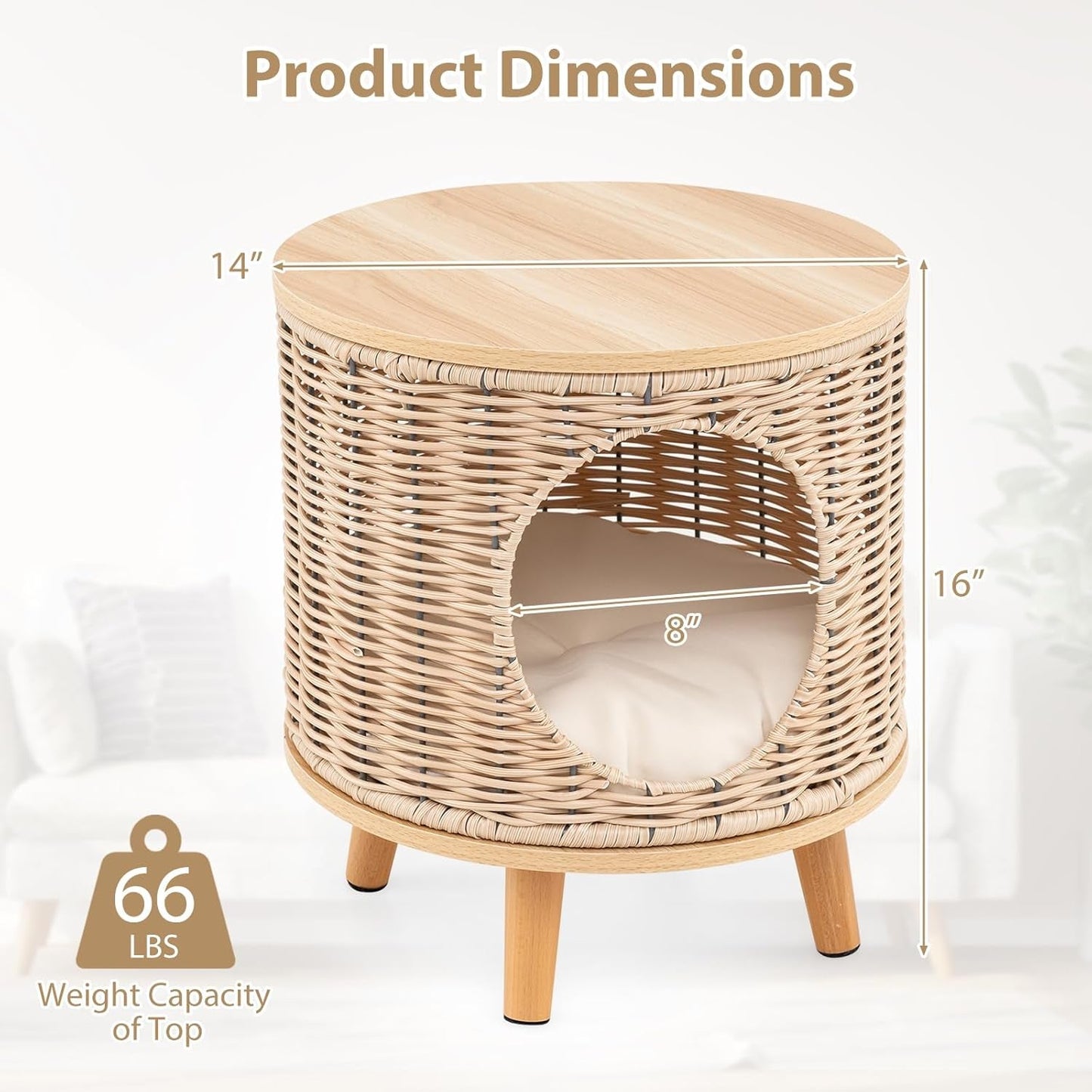 Katzenhaus Rattan, Katzenmöbel mit Holzbeinen & soft Kissen, 3 en 1 Katzenhöhle Fußhocker Nachttisch, Katzenbett stabil bis 30 kg für Wohnzimmer Schlafzimmer