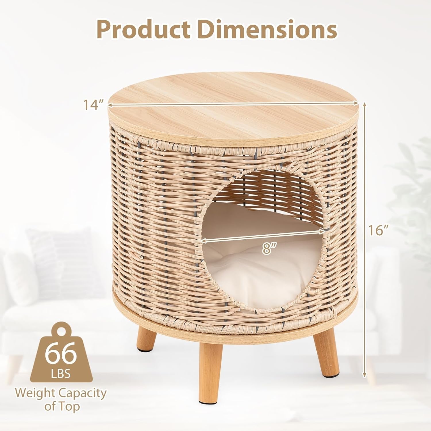 Katzenhaus Rattan, Katzenmöbel mit Holzbeinen & soft Kissen, 3 en 1 Katzenhöhle Fußhocker Nachttisch, Katzenbett stabil bis 30 kg für Wohnzimmer Schlafzimmer