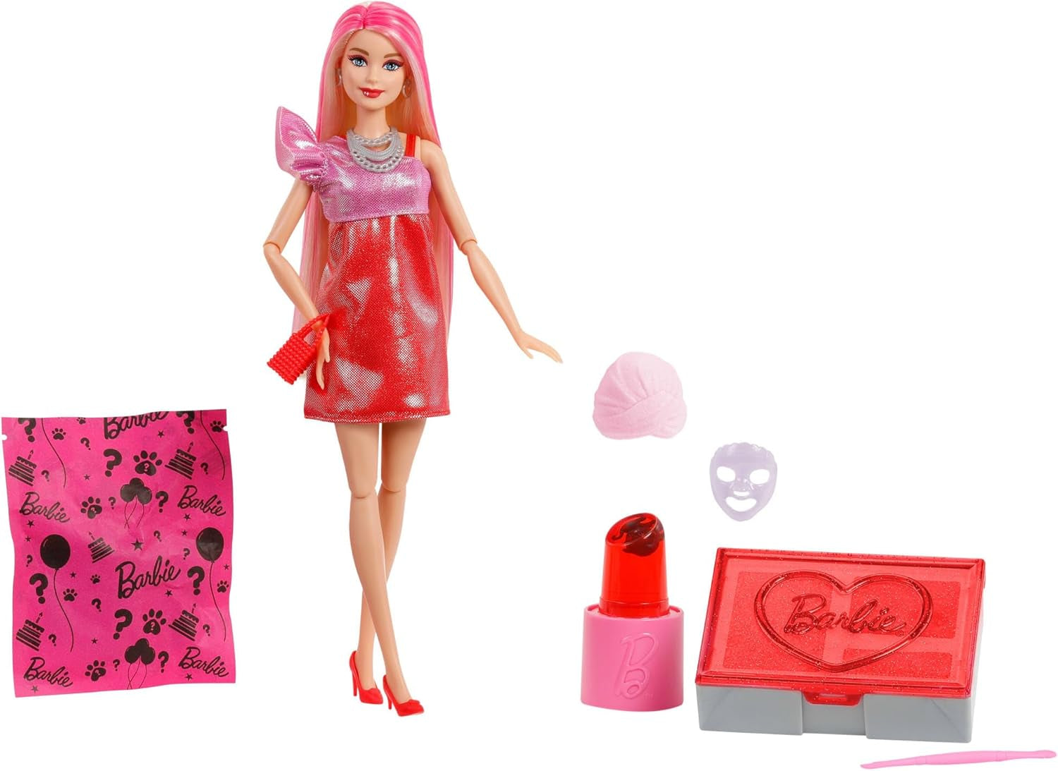 Muñeca Barbie Party sin caja ni accesorios, serie Glam Party con 10 sorpresas, incluida una muñeca roja brillante con efecto de cambio de color, JFY68