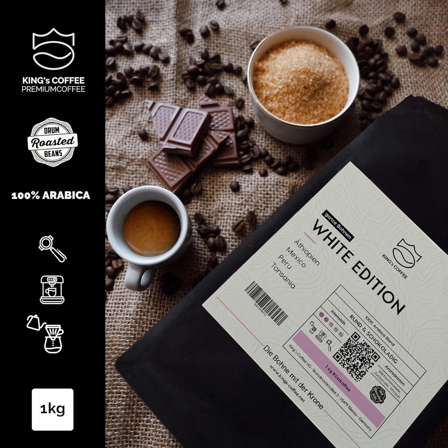 KING'S COFFEE - EDICIÓN BLANCA - mezcla ligera 100% Arábica procedente de Etiopía, México, Perú y Tanzania - tostado en lotes pequeños en Italia - granos de espresso enteros para máquinas portafiltro - 1 kg