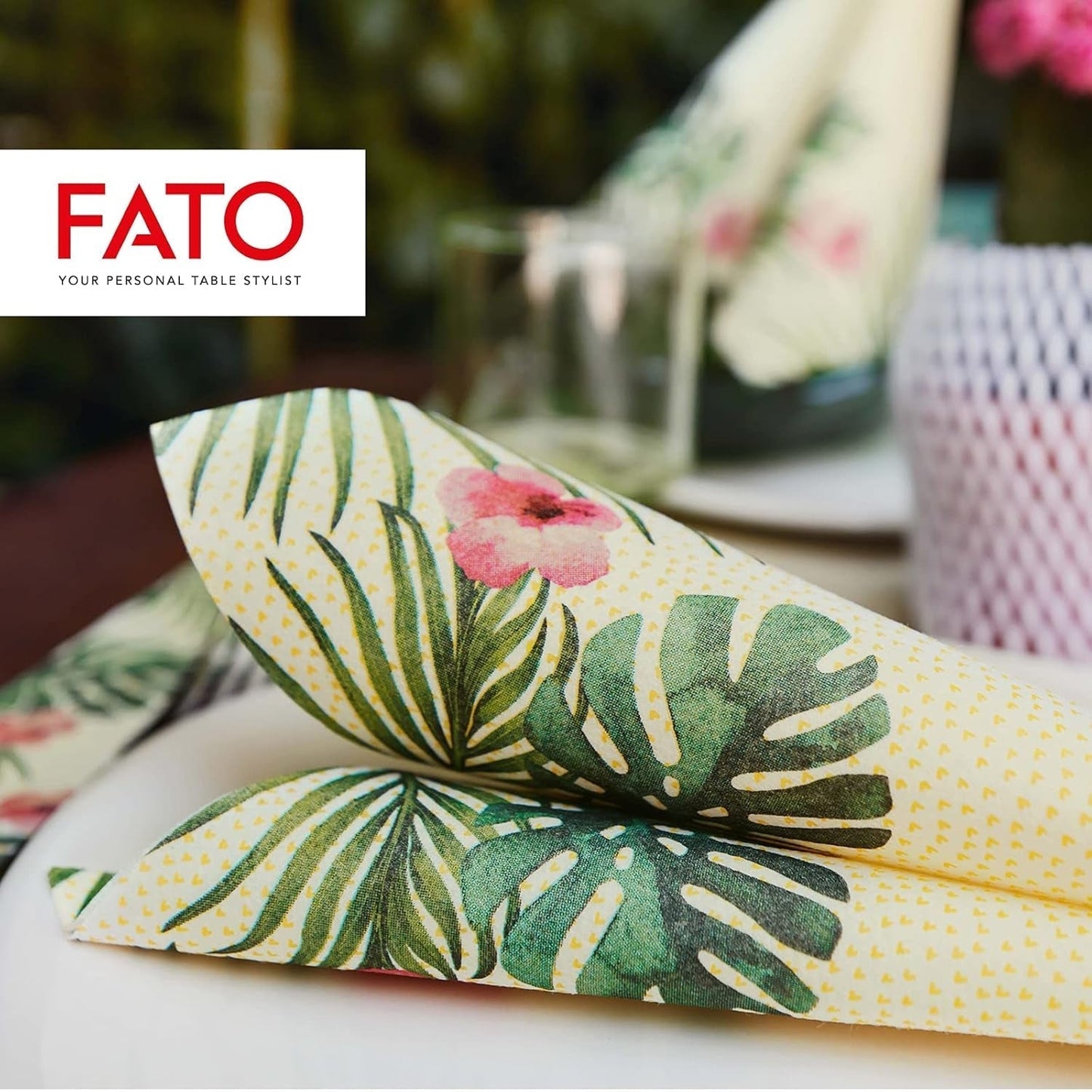 Fato - Servilletas de papel seco, airlaid, efecto textil, paquete de 50 servilletas, 40X40 plegadas en formato 4, Tropicana Decor