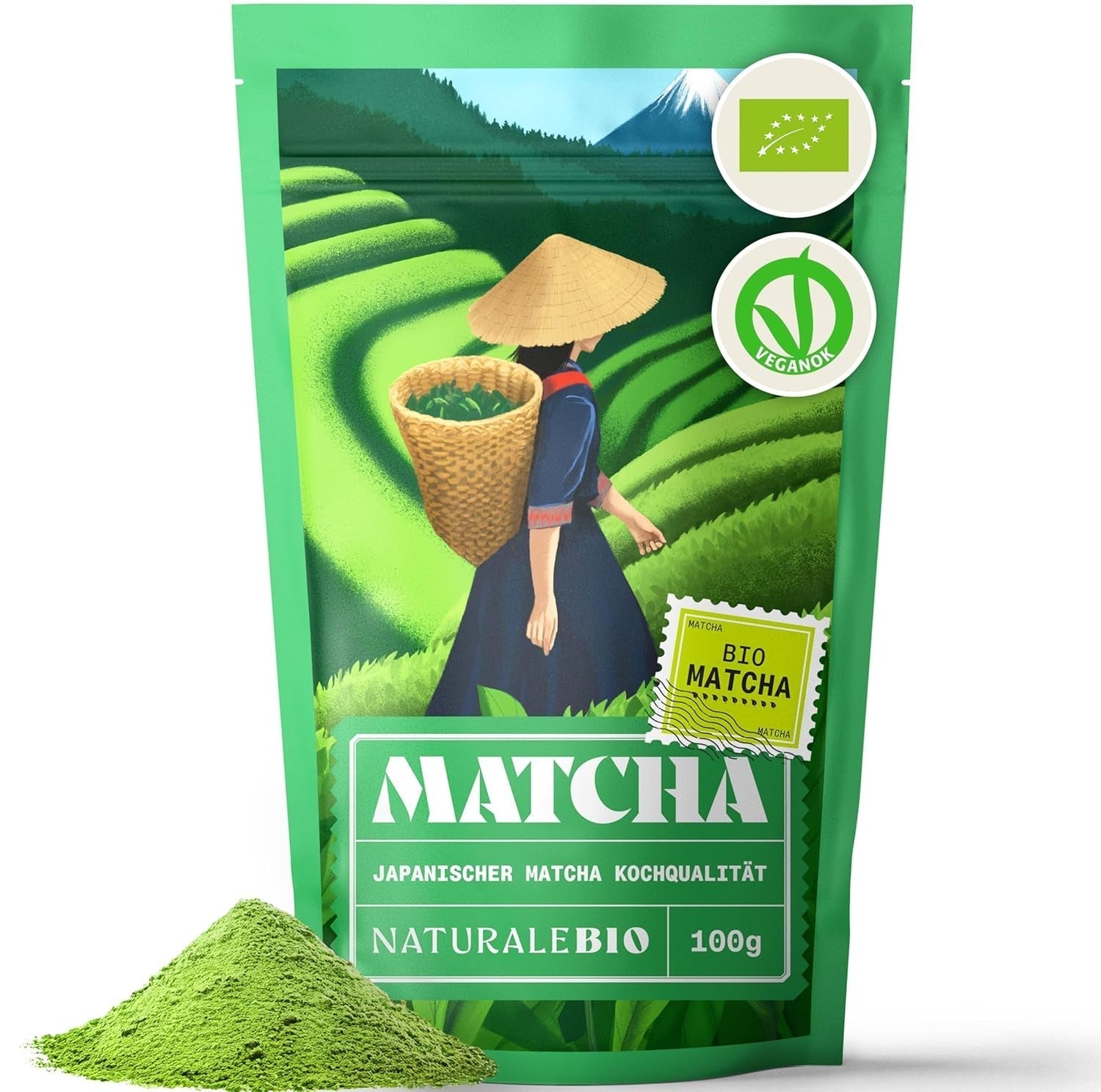 Naturalebio BIO Té verde en polvo 100 g. Para cocinar y hornear. Matcha japonés original. Té verde de Japón, vegano, sin gluten y sin OGM. Producto orgánico natural.