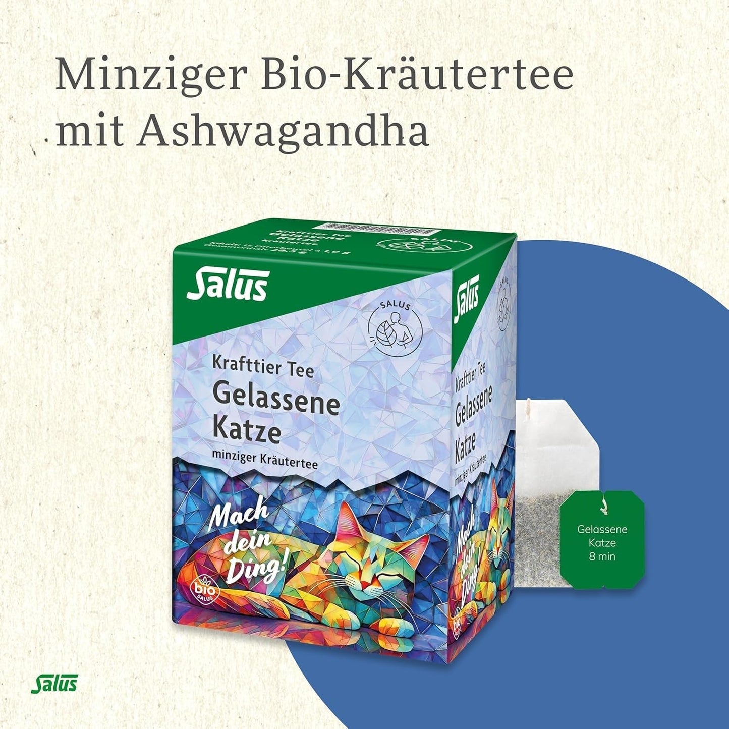 Salus - Té Krafttier - El gato tranquilo - 1X 15 bolsas filtrantes (28,5 g) - Té de hierbas con menta y Ashwagandha - Orgánico