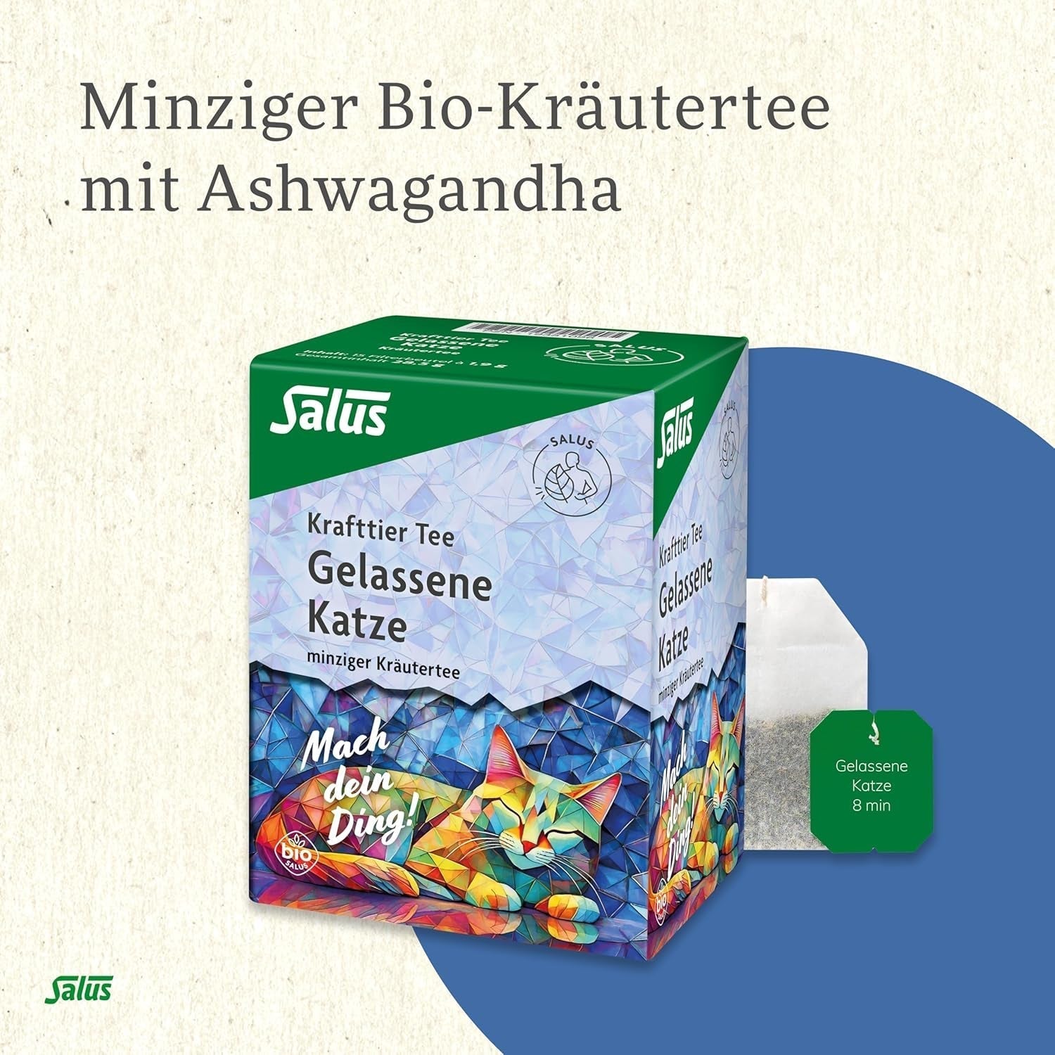 Salus - Té Krafttier - El gato tranquilo - 1X 15 bolsas filtrantes (28,5 g) - Té de hierbas con menta y Ashwagandha - Orgánico