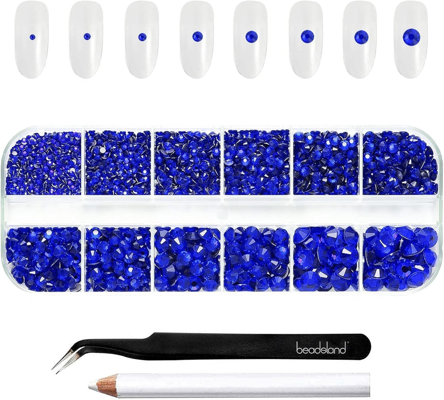 Beadsland 2500 piezas de piedras de cristal para decoración de uñas con parte trasera plana, piedras preciosas para trabajos manuales de 8 tamaños SS4 ~ SS30 con pinzas y puntas (Kristall Weiss)