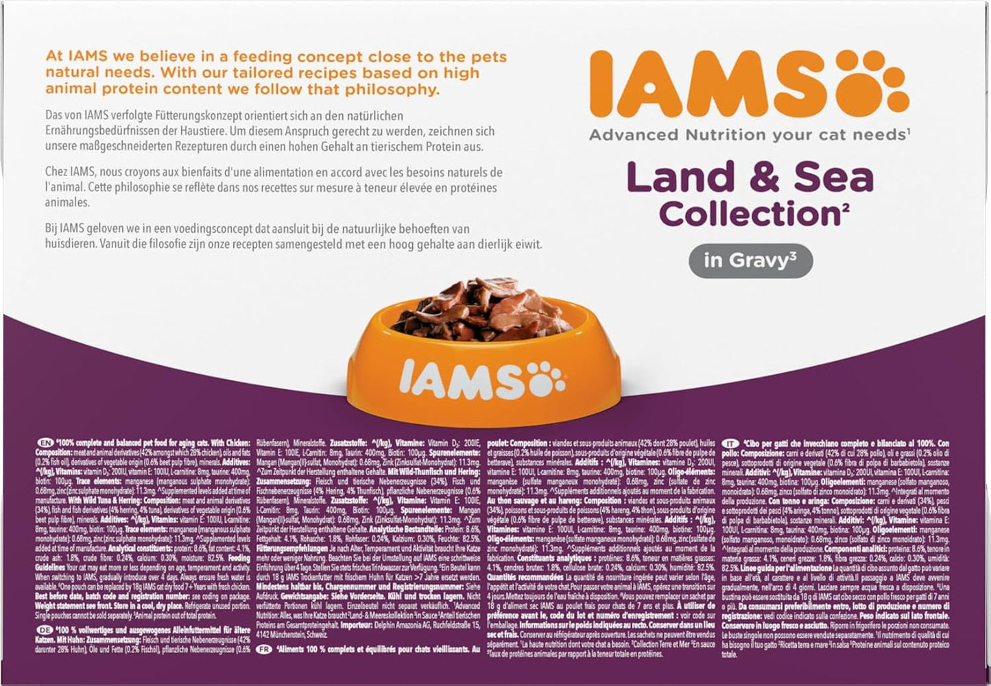 IAMS Delights Comida húmeda para gatos mayores - Multi-pack con pollo y pescado en salsa, comida húmeda de alta calidad para gatos mayores de 7 años, 12 x 85g