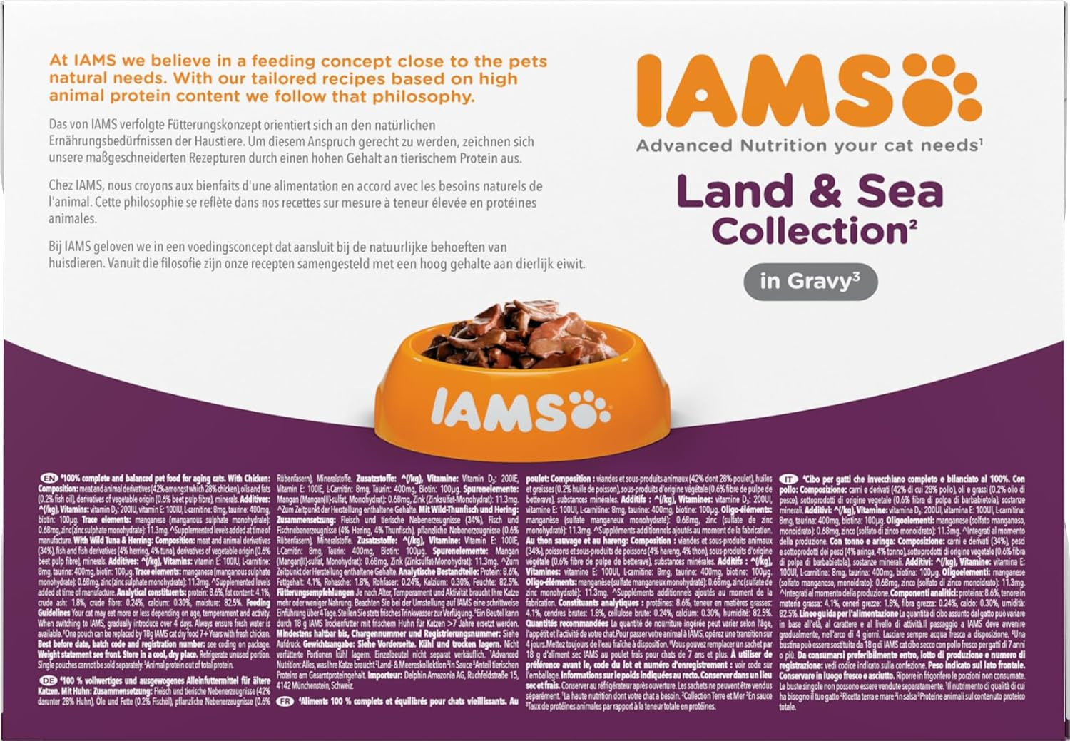 IAMS Delights Comida húmeda para gatos mayores - Multi-pack con pollo y pescado en salsa, comida húmeda de alta calidad para gatos mayores de 7 años, 12 x 85g
