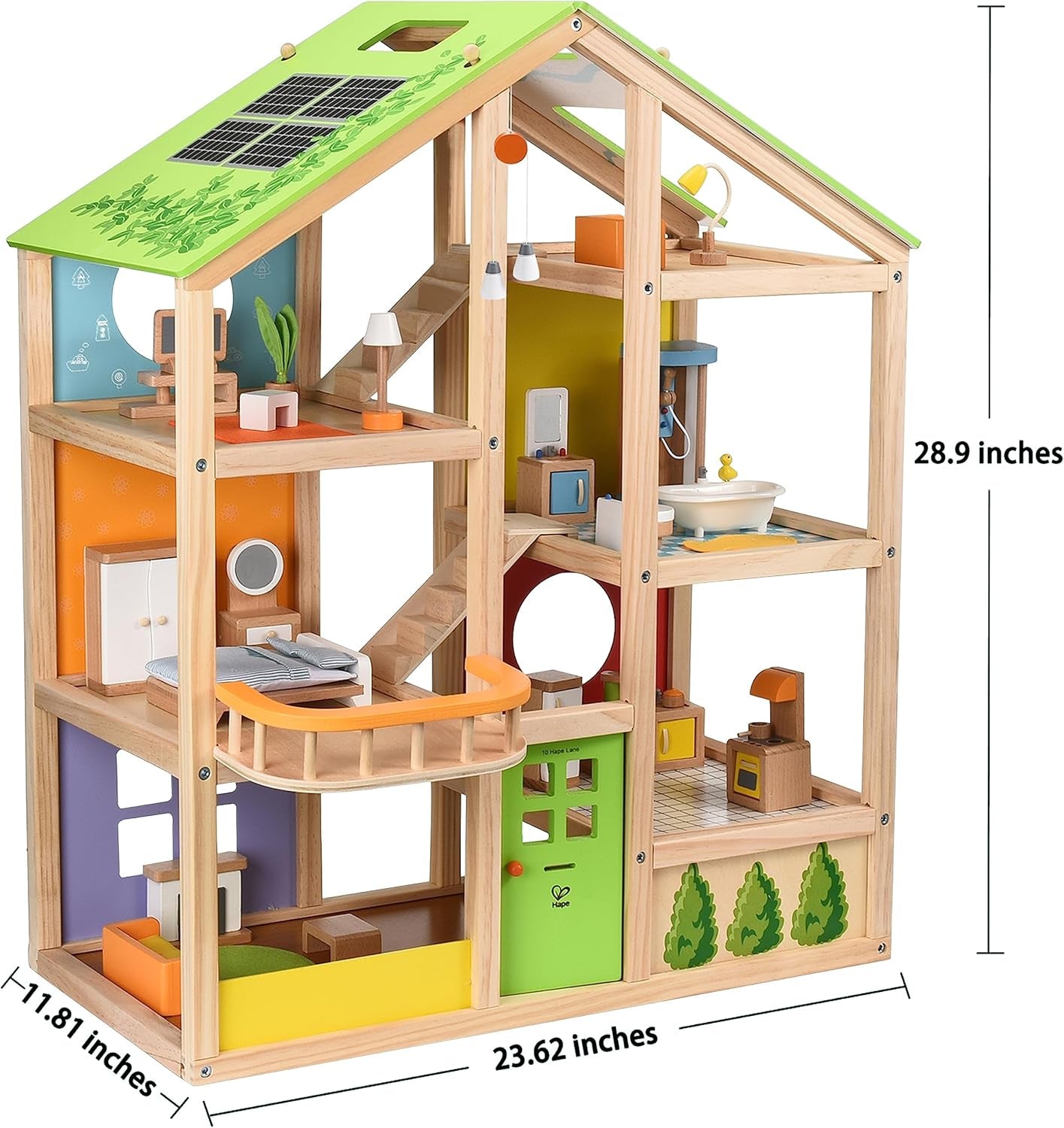 Casa de muñecas Hape Four Seasons: galardonada casa de muñecas de madera de tres pisos con muebles, accesorios, escaleras corredizas y techo reversible para todas las estaciones, para niños de 3 años en adelante