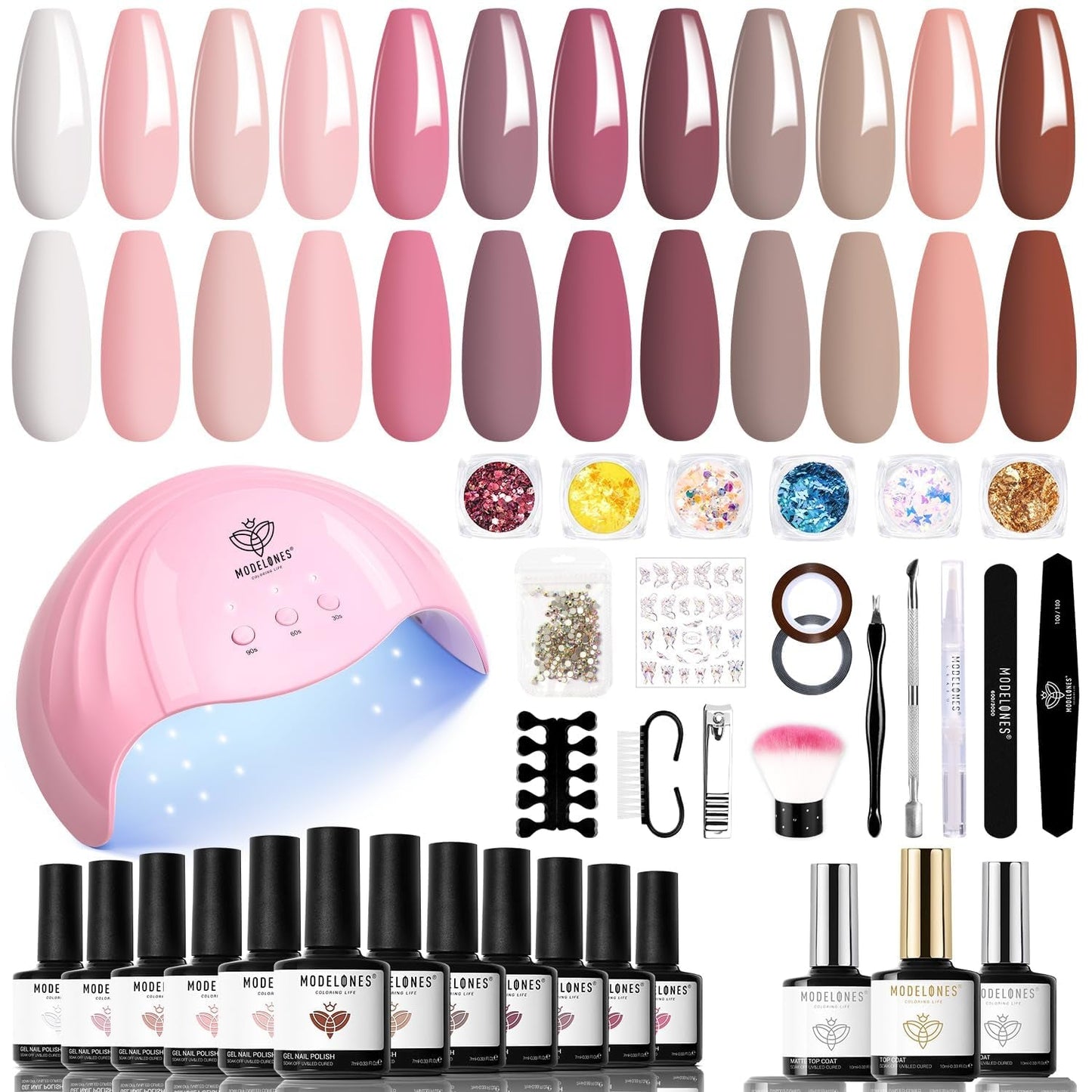 Modelones Juego de esmaltes de uñas de gel, 35 piezas, juego de esmaltes de uñas UV con lámpara de 48 W, juego de esmaltes de uñas de gel, color marrón, blanco y rosa, juego de esmaltes de uñas de gel UV con base de capa superior, juego de estudio de uñas