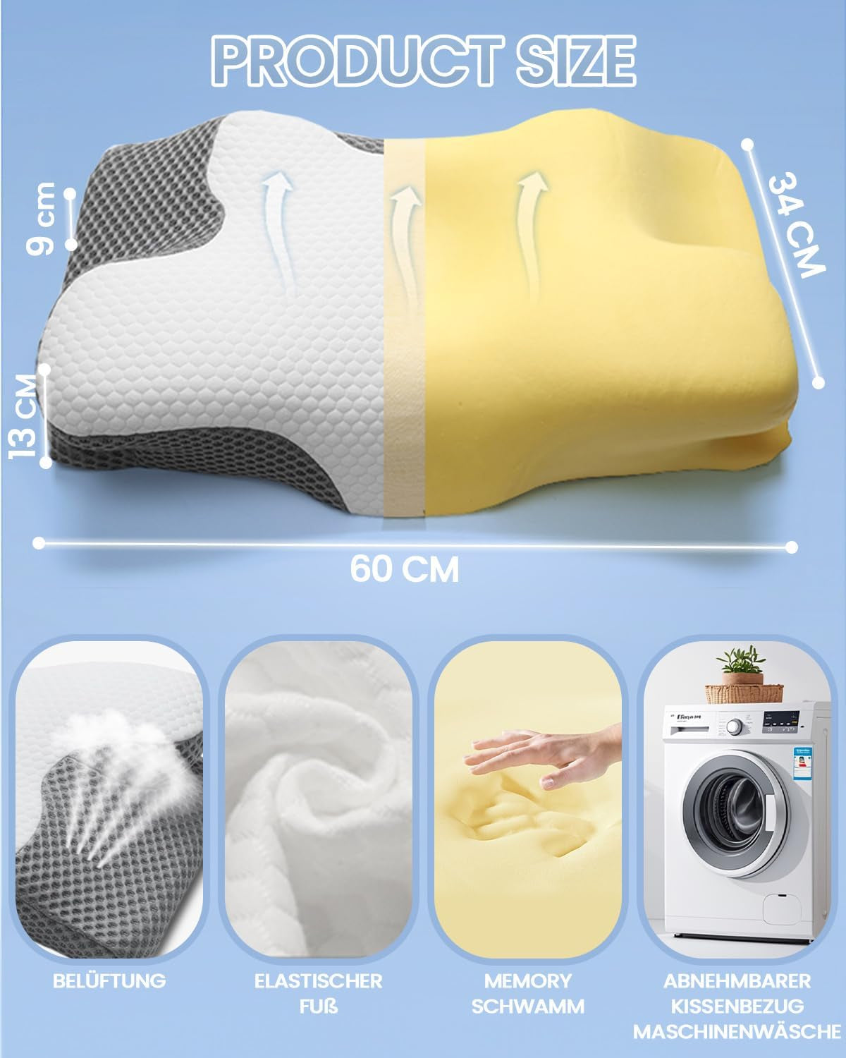 Almohada para el cuello 2 en 1 Almohada Almohada de espuma viscoelástica Almohada ortopédica ergonómica 2 Altura para dormir Almohada de soporte para el cuello para soporte lateral/espalda/barriga Almohadas ortopédicas cervicales Naty Shop