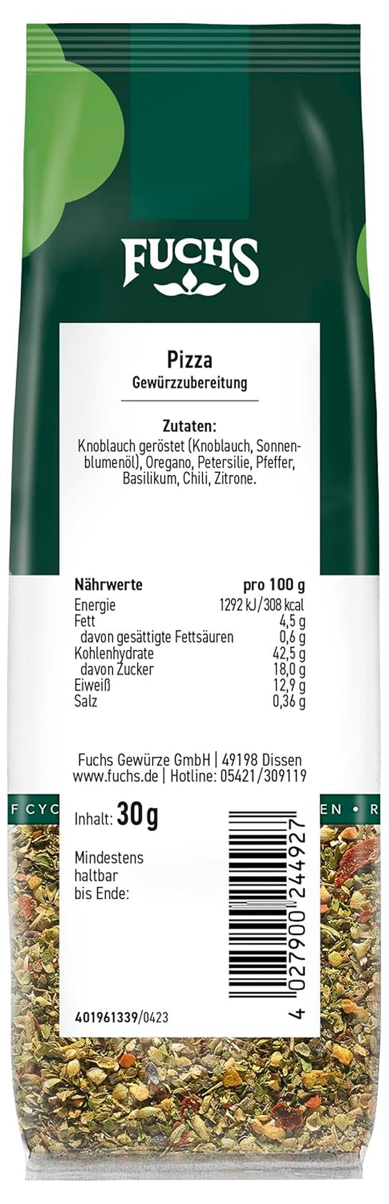 Fuchs Gewürze - Pizza Gewürzzubereitung en Nachfüllbeutel reciclable, Gewürzmischung mit Italianen Kräutern, ideal para Bruschetta - 30 g