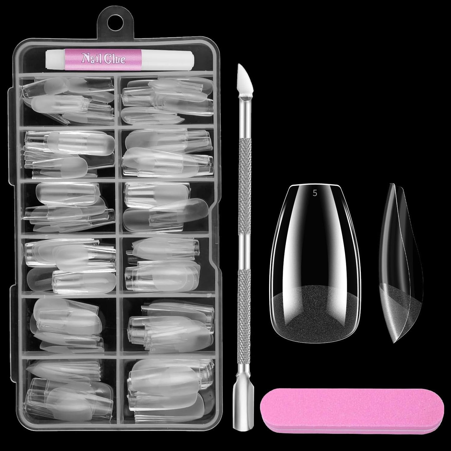 Uñas cortas de cubierta completa, 120 piezas, 12 tamaños, puntas de uñas cortas para uñas de gel, pegamento en uñas artificiales, pegamento en lima de uñas, pulidor de uñas, empujador de cutículas