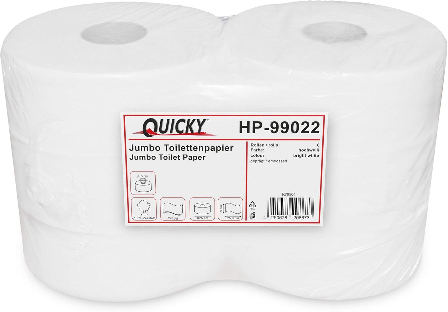 Papel higiénico Quicky Jumbo de 2 capas, 25 cm de diámetro, blanco brillante, con relieve de puntos finos, 6 rollos: absorbente y resistente al desgarro para una máxima higiene, ideal para instituciones públicas e industria