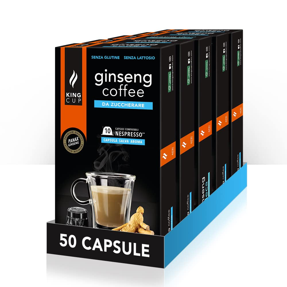 - 5 paquetes con 10 cápsulas de ginseng sin azúcar, 50 cápsulas 100% compatibles con la bebida Nespresso-System von Ginseng, sin gluten y sin lactose