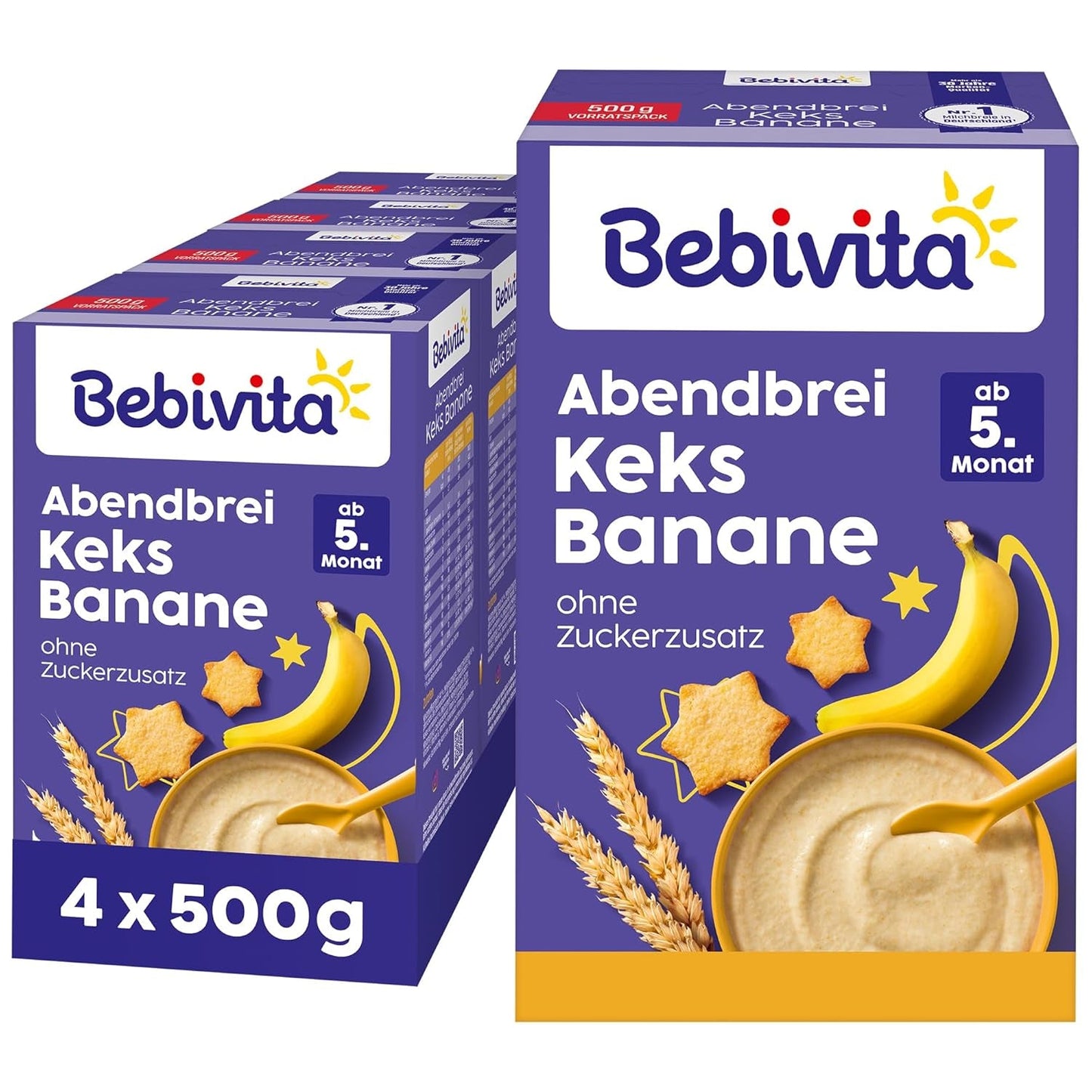 Papilla de noche con galletas y plátanos (4x500 g), papilla de leche a partir de 5 meses, sin azúcares añadidos, con valiosos minerales y vitaminas, muy saciante
