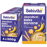 Papilla de noche con galletas y plátanos (4x500 g), papilla de leche a partir de 5 meses, sin azúcares añadidos, con valiosos minerales y vitaminas, muy saciante