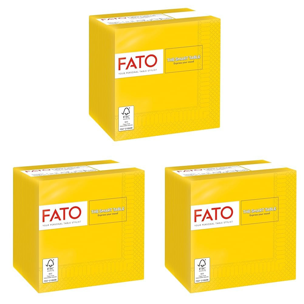 , Servilletas de papel desechables, ideales para aperitivos y cócteles, paquete de 100 servilletas, tamaño 24X24, 4 capas, 2 capas, amarillo, papel de celulosa 100% pura, certificado Fsc (paquete de 3)