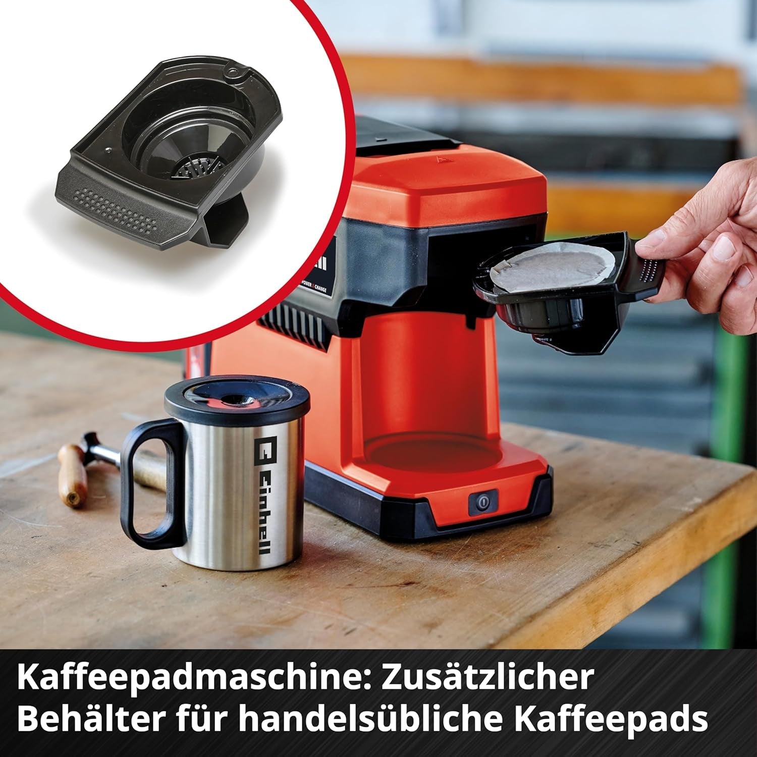 Cafetera espresso inalámbrica Einhell TE-CF 18 Li-Solo Power X-Change (18 V, depósito de agua de 240 ml, para café filtrado y cápsulas de café, asa de transporte, incl. taza de café con tapa, sin batería)