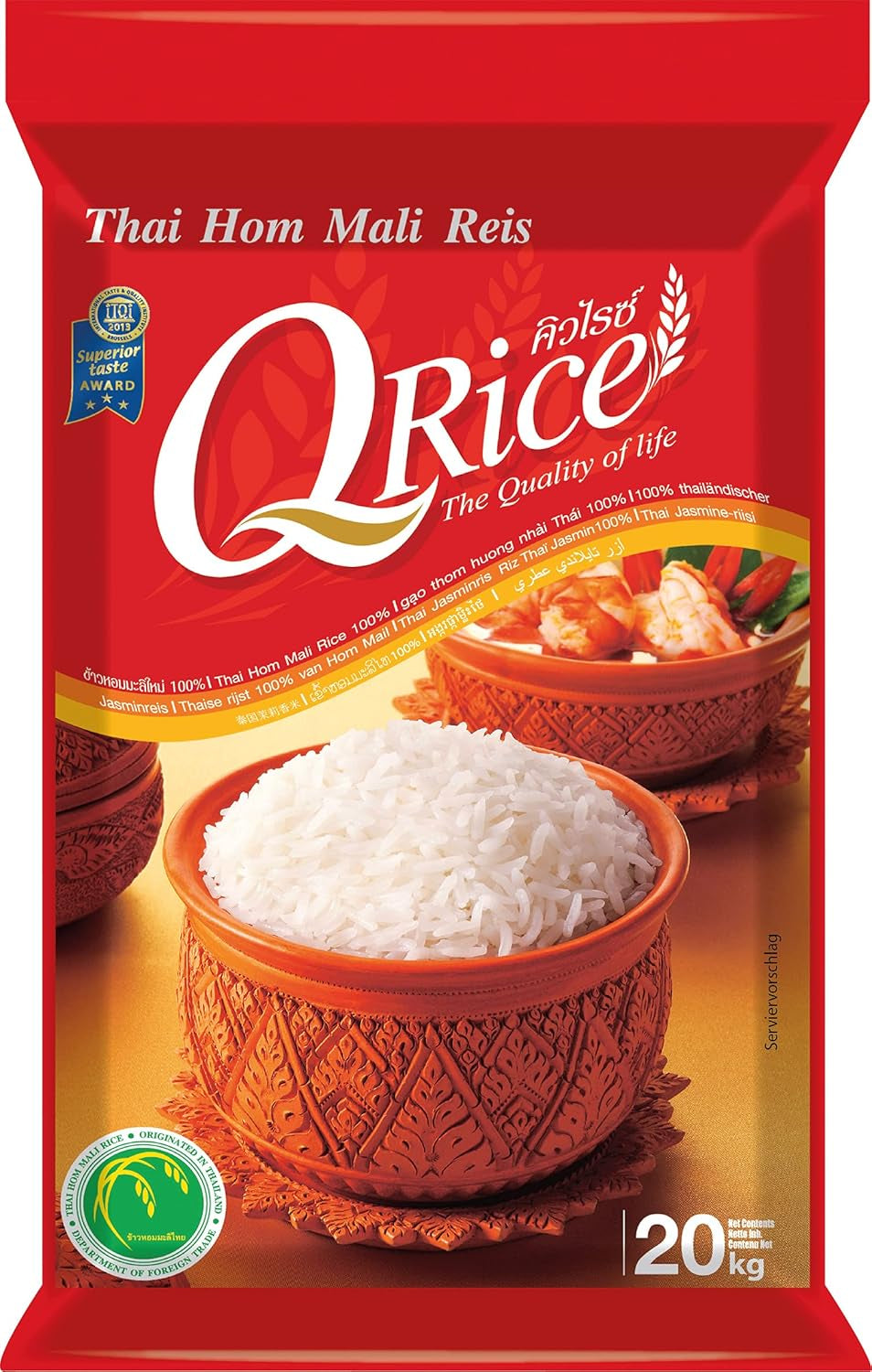ARROZ Q | Jasmin Reis 100% Langkorn de Tailandia | Fragante aromático con textura ligera y klebriger | Ideal para currys, tazones y platos asiáticos 1 x 20 kg