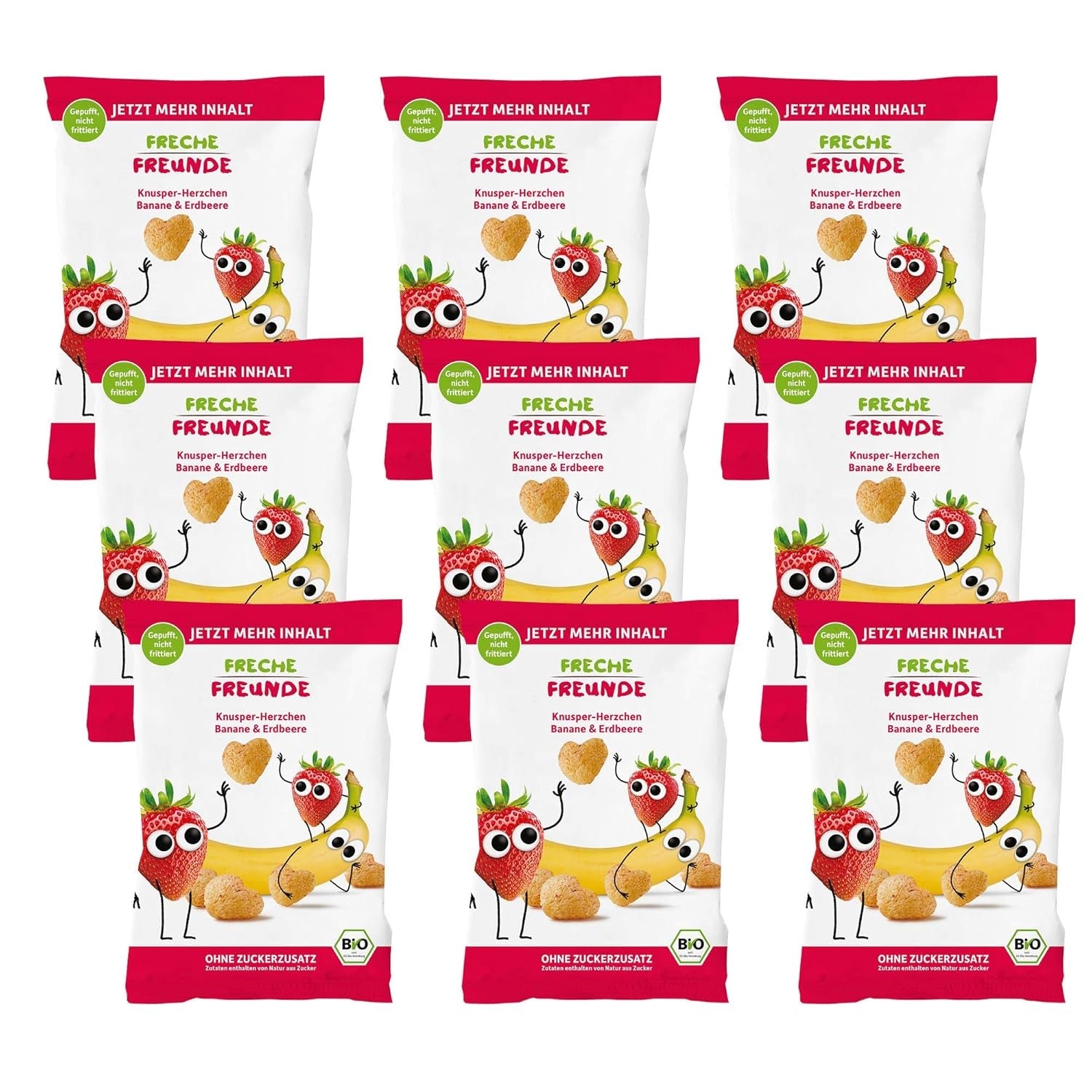 Chips de frutas orgánicas 100 % fresa Chips de fresa liofilizados, paquete de 12 (12 x 12 g) y bocadillos orgánicos para niños y bebés con corazones crujientes de plátano y fresa (9 x 30 g) 270 g
