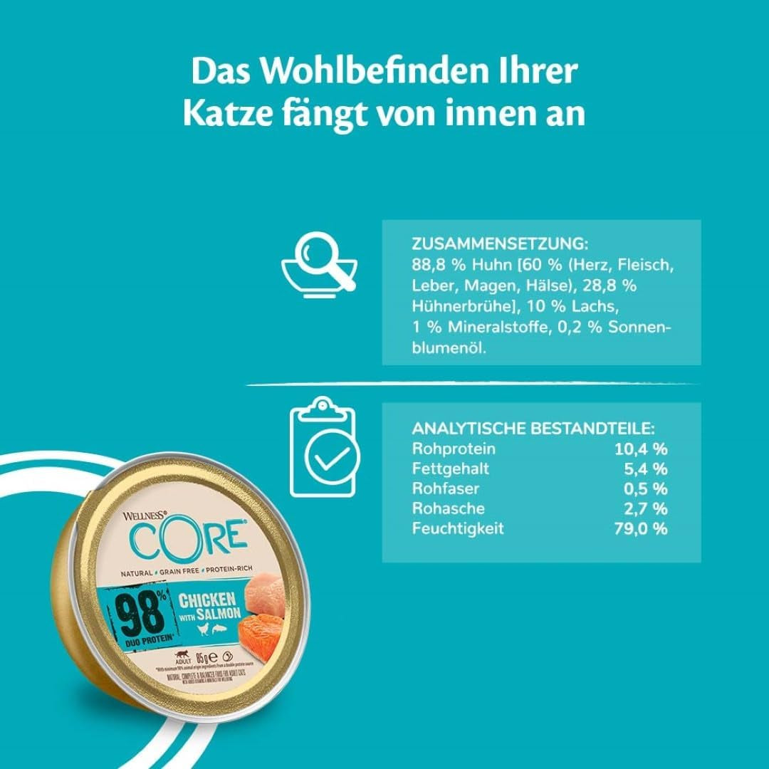 Wellness CORE 98% 12 x 85g, Pollo y Salmón - Comida húmeda para gatos, paté espeso, sin cereales, natural, hipoalergénica, rica en proteínas, rica en carne