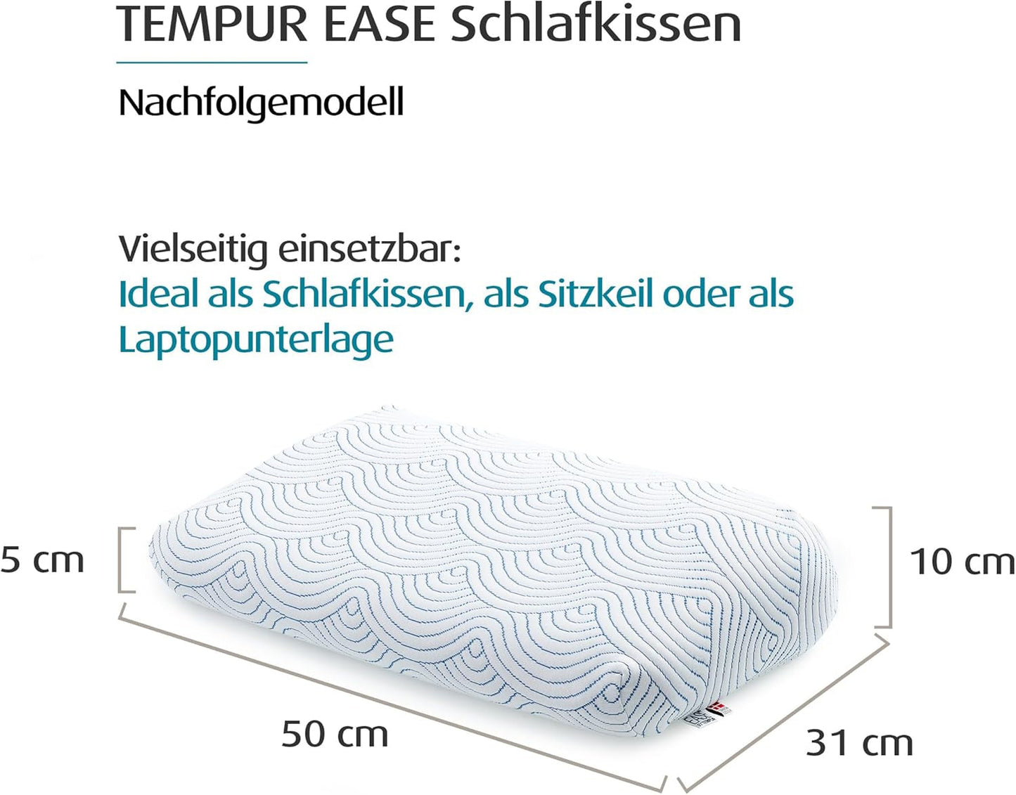 TEMPUR EASE Almohada para Dormir de Espuma Viscoelástica, Almohada Ergonómica de Soporte para el Cuello para Cualquier Posición para Dormir, Soporte Firme, 50 X 31 X 10/5 cm, Blanco Naty Shop Standard Pillows