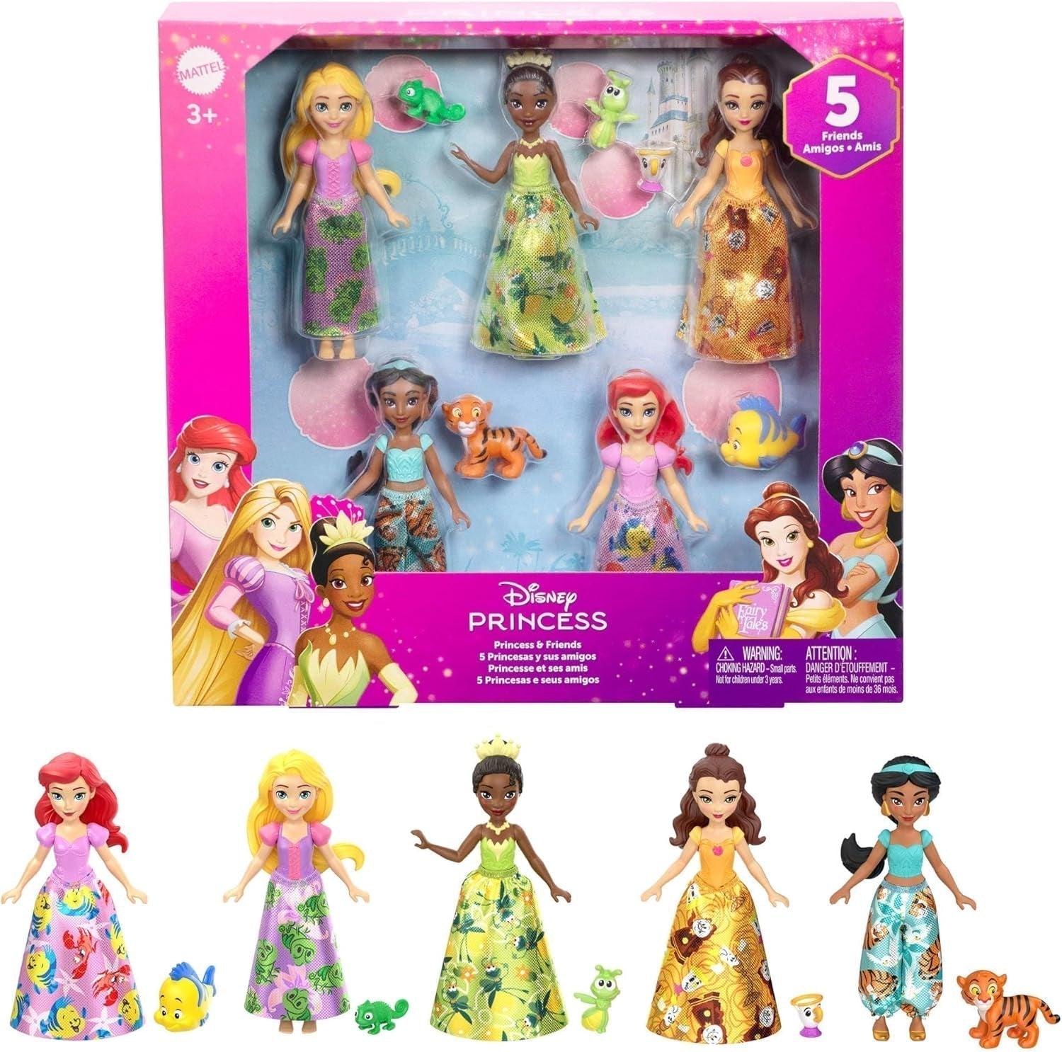 Mattel Disney Princess Transforming Playset Carriage to Castle con la pequeña muñeca Aurora, 3 niveles, 6 áreas de juego, 4 figuras, muebles y accesorios HWX17 Dolls Naty Shop Friends Set