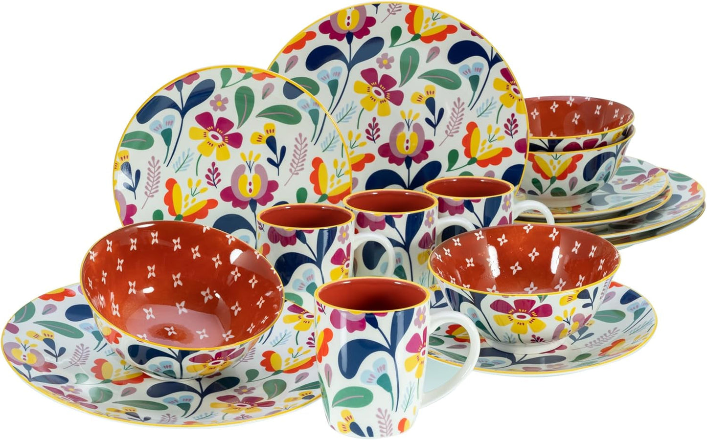 CreaTable, 17407, serie Folklore, juego de vajilla de 16 piezas para 4, servicio combinado de porcelana, apto para lavavajillas y microondas, fabricación de calidad