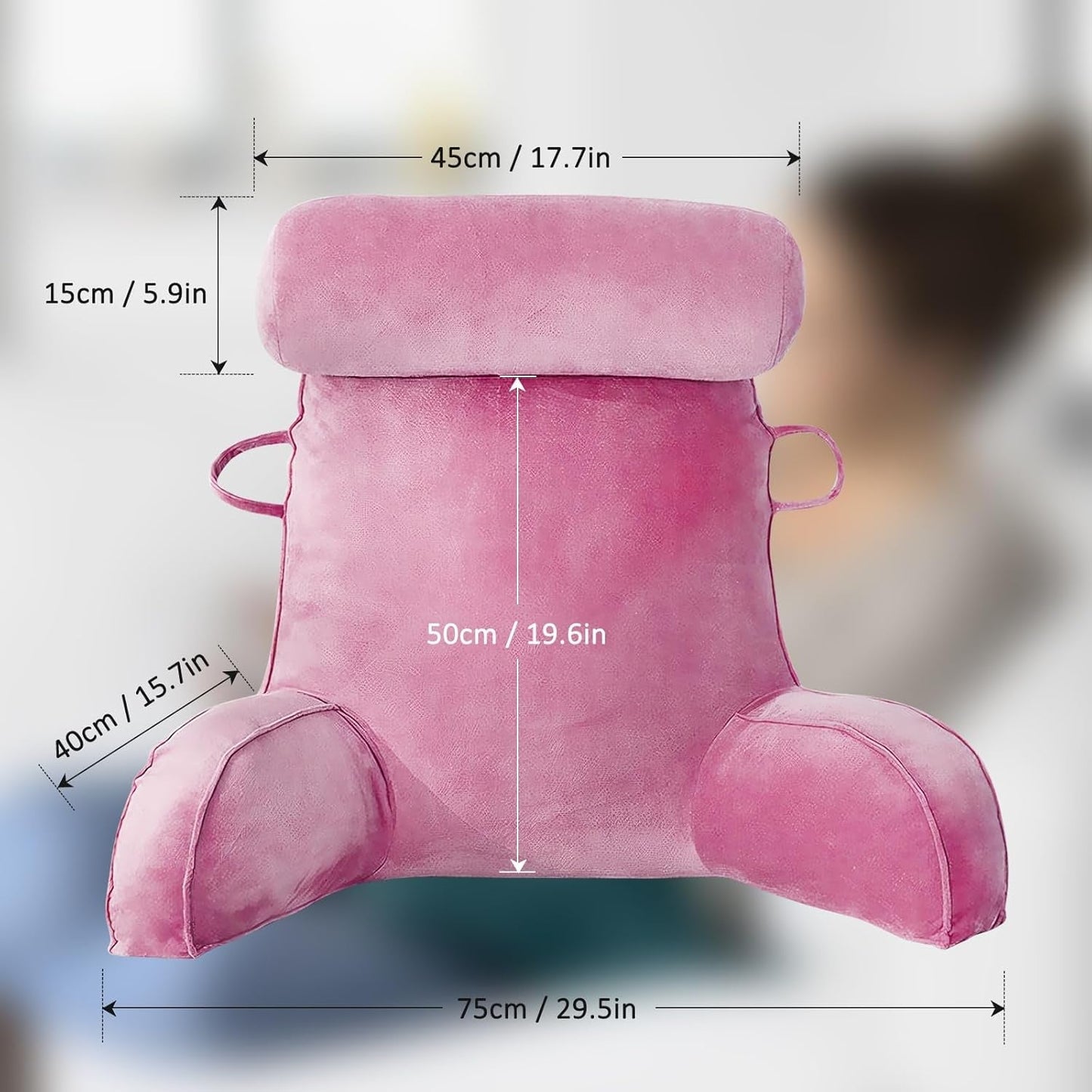 Almohada de lectura XL para cama y sofá con rollo para el cuello desmontable, almohada de espalda ideal para adultos con espuma viscoelástica para leer cómodamente, trabajar, jugar, mirar televisión, relajarse (rosa)