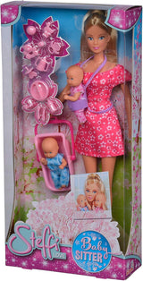 Simba 105730211 - Steffi Love Nanny, con dos bebés, portabebés y silla de auto, accesorios, muñeca disfrazada, 29 cm, para niños a partir de 3 años