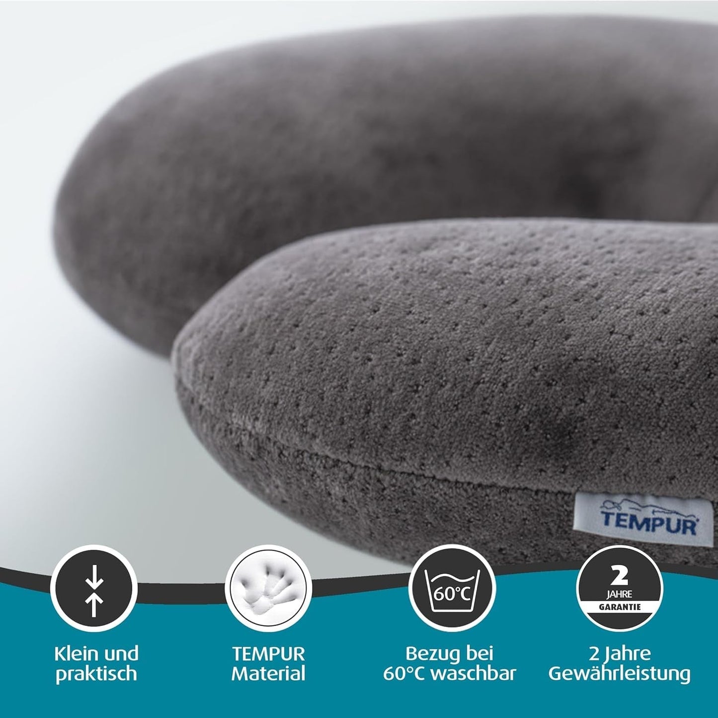TEMPUR Transit Almohada de Viaje Cómoda Almohada Viscoelástica para el Cuello Ideal para Viajar en Autobús, Tren, Coche o Avión 30 x 28 x 8 cm