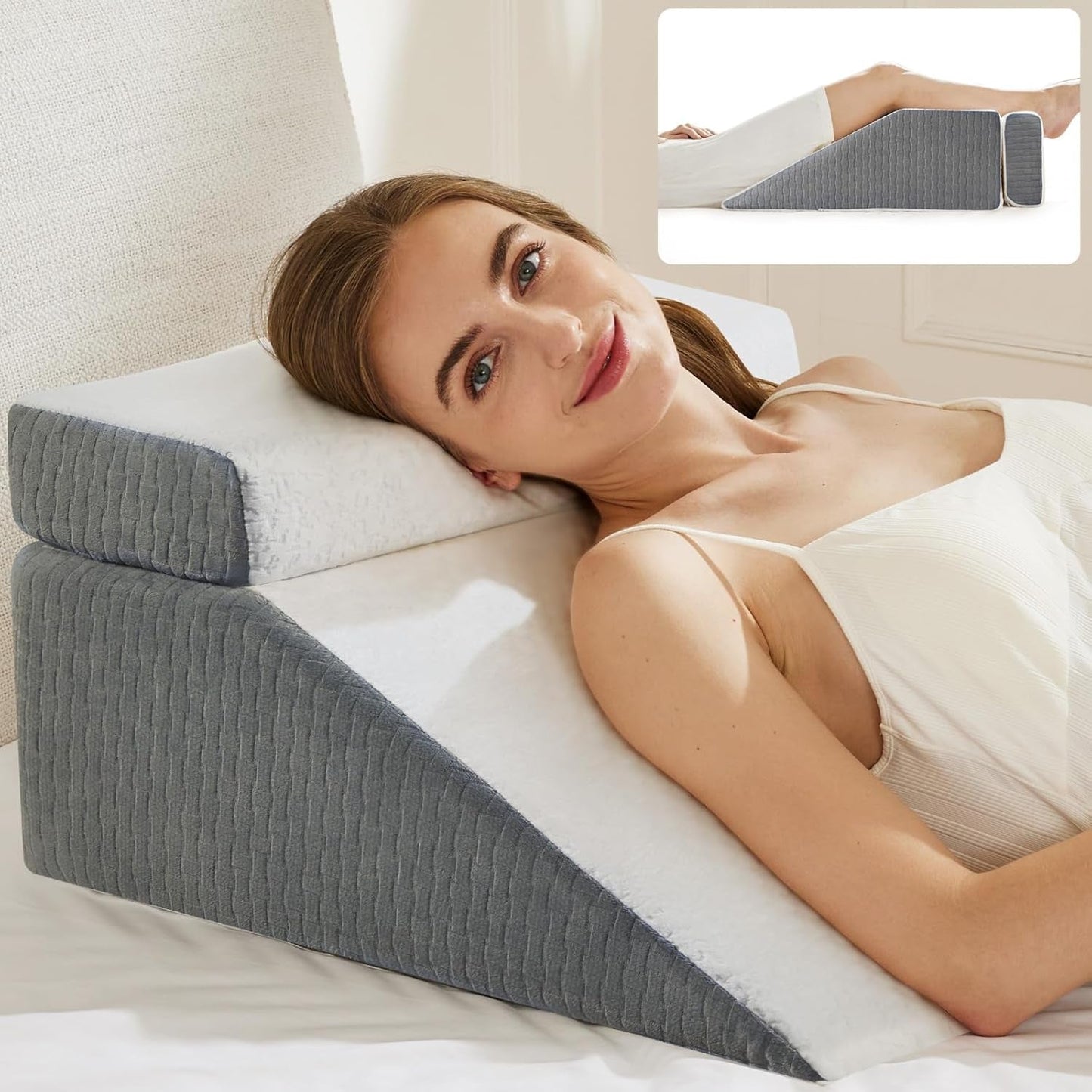 Almohada de lectura y almohada elevadora de piernas de plumas, almohada de espuma viscoelástica para cuello, espalda y piernas, almohada multifuncional desmontable para cama, sofá, sentarse, dormir y descansar, 58x55x28cm
