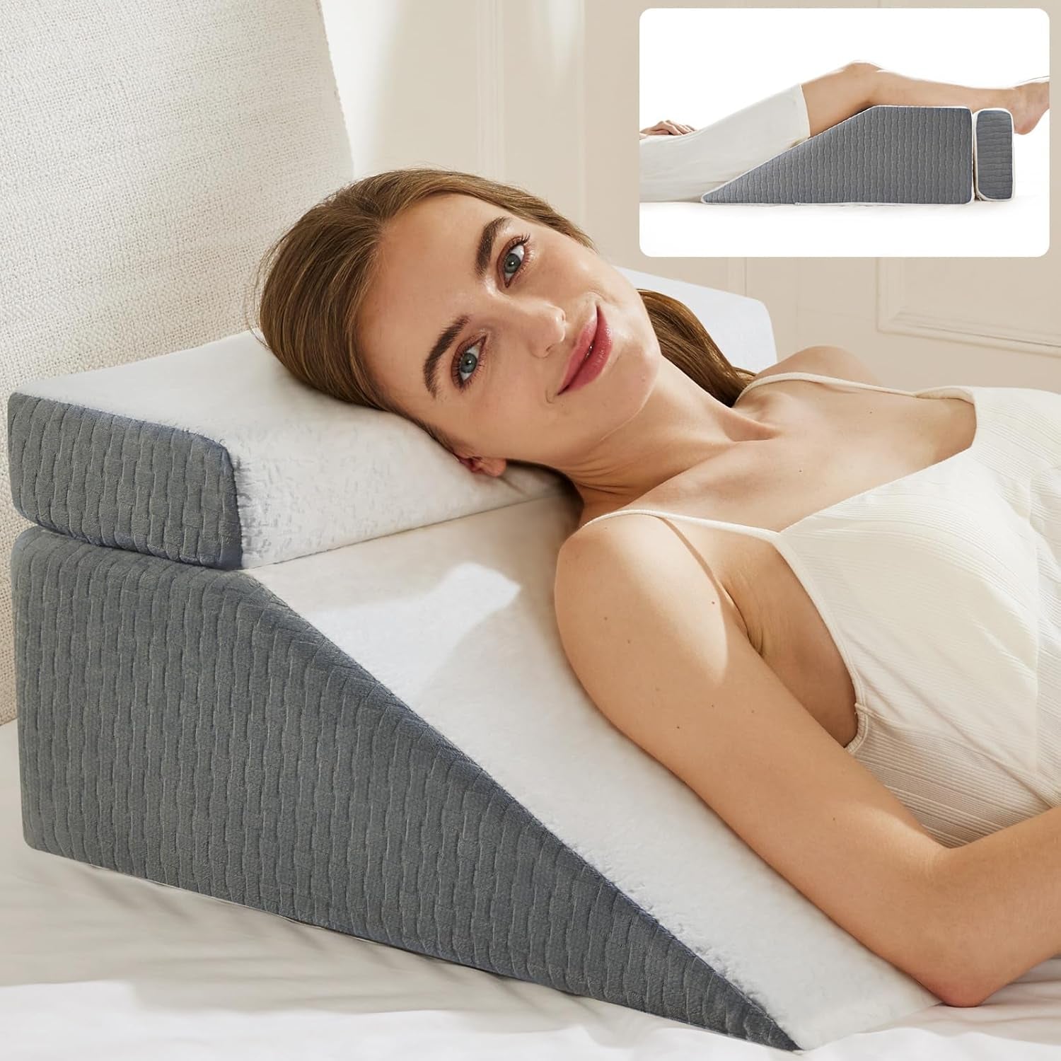 Almohada de lectura y almohada elevadora de piernas de plumas, almohada de espuma viscoelástica para cuello, espalda y piernas, almohada multifuncional desmontable para cama, sofá, sentarse, dormir y descansar, 58x55x28cm