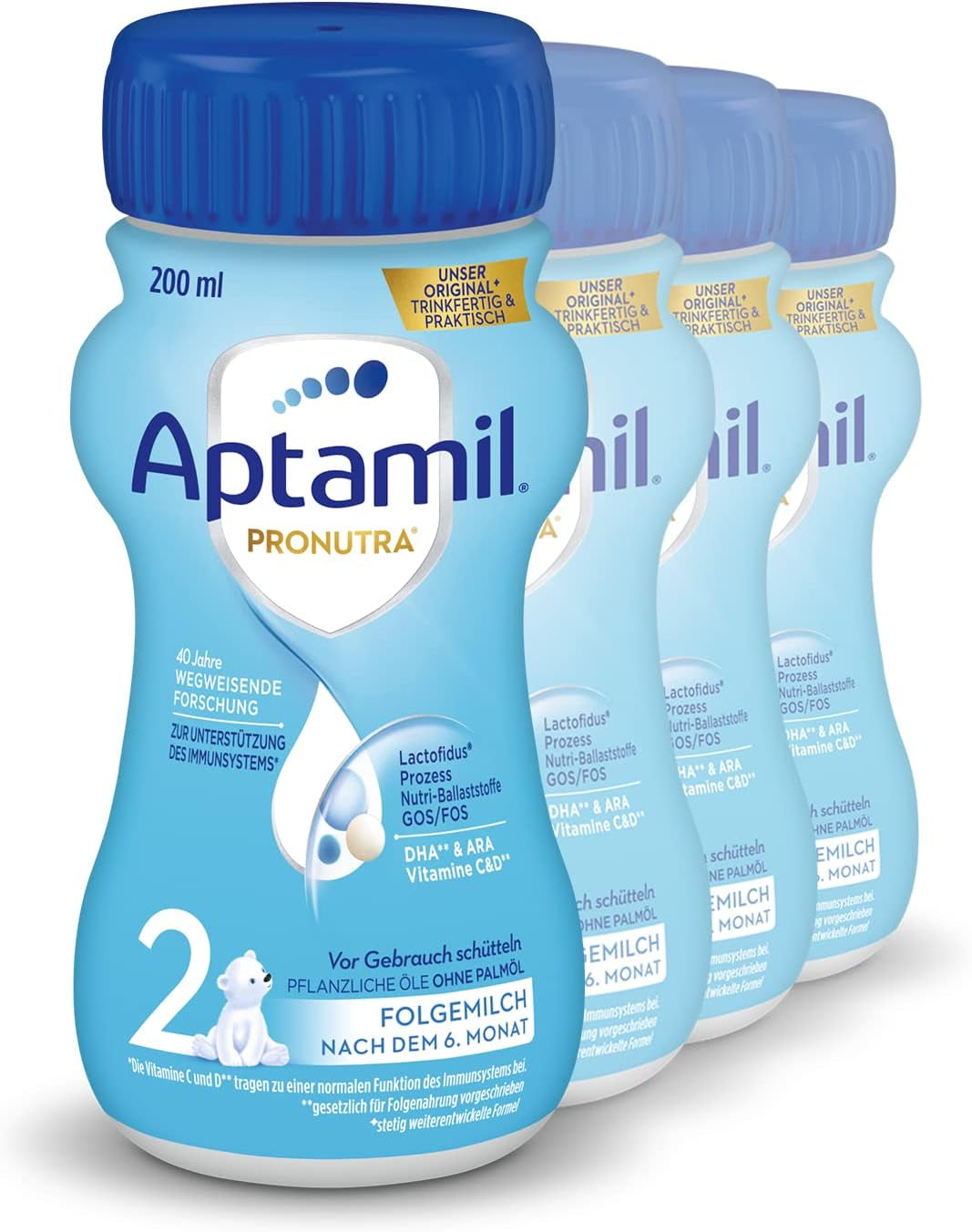 Aptamil Pronutra 2, leche de continuación a partir de los 6 meses, leche para bebés lista para beber (4 x 200 ml)
