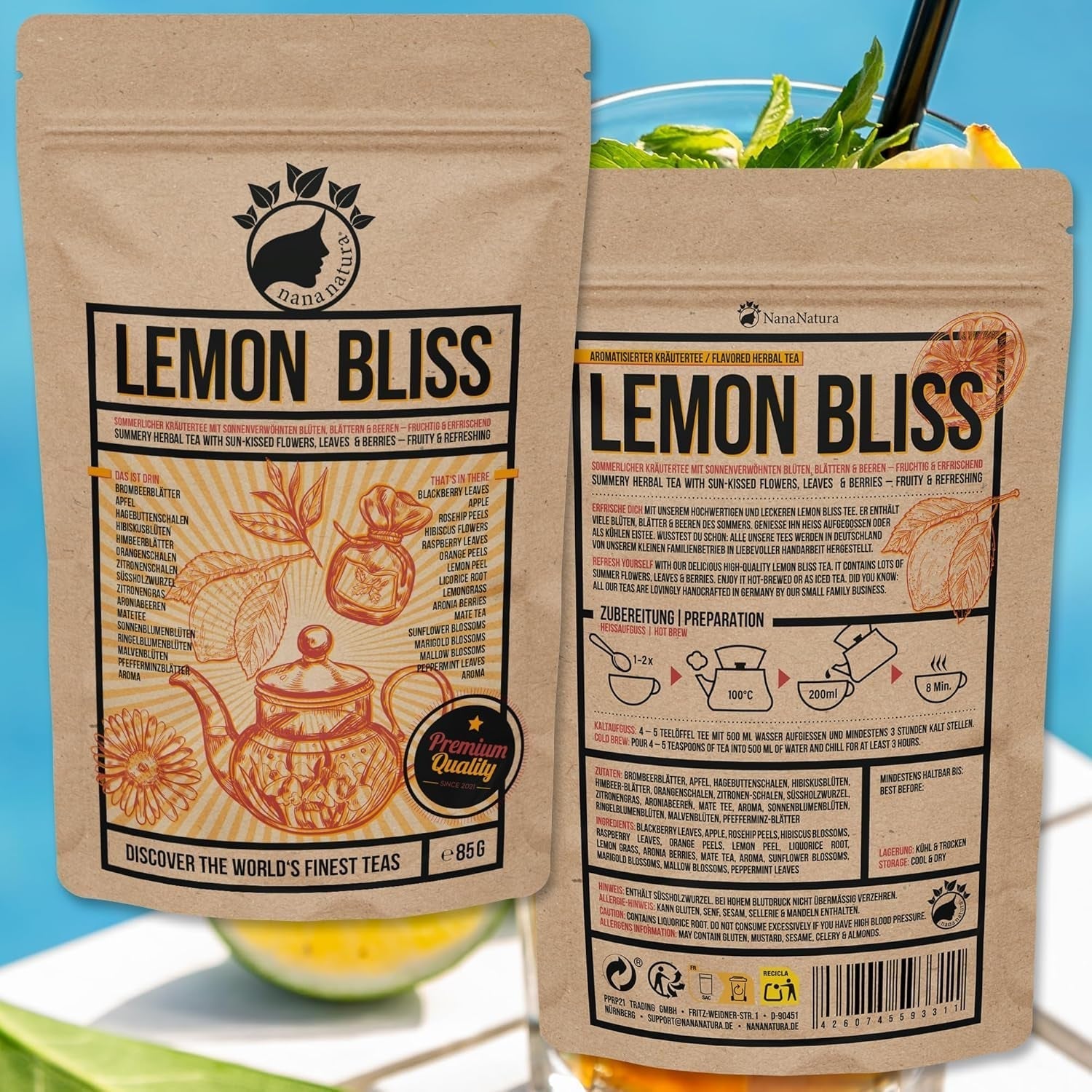 TÉ DE LEMON BLISS Original de Nananatura 85G | Té de hierbas de verano afrutado y refrescante | Como té frío, té helado o caliente clásico | Con flores, hojas y bayas maduradas al sol | sin azúcar