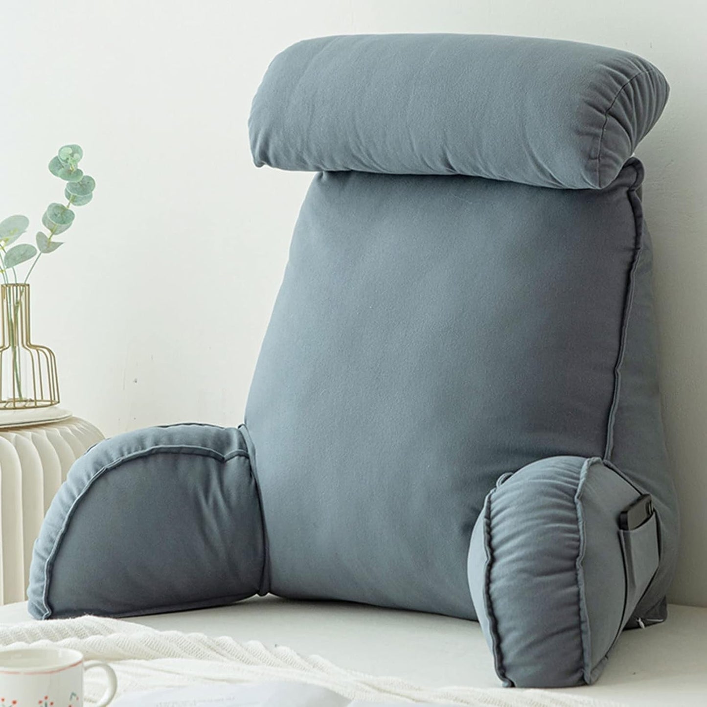 Almohada de lectura con reposabrazos, cojín para respaldo de sofá, cojín para libros para cama, con rollo para el cuello desmontable, cojín de apoyo para silla para relajarse, jugar, leer, mirar televisión
