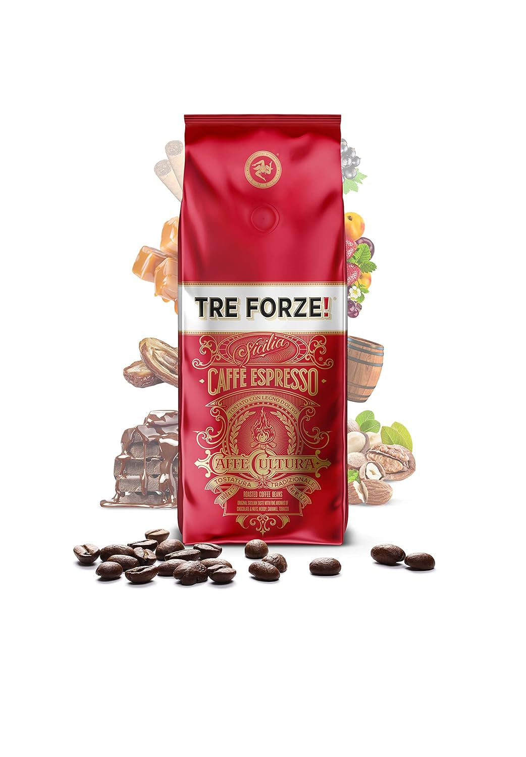 Espresso Caffè - Café en grano - Tostado tradicionalmente sobre fuego de leña de olivo, hecho a mano en Sicilia - Café en grano premium 250 g para cafeteras totalmente automáticas y portafiltros