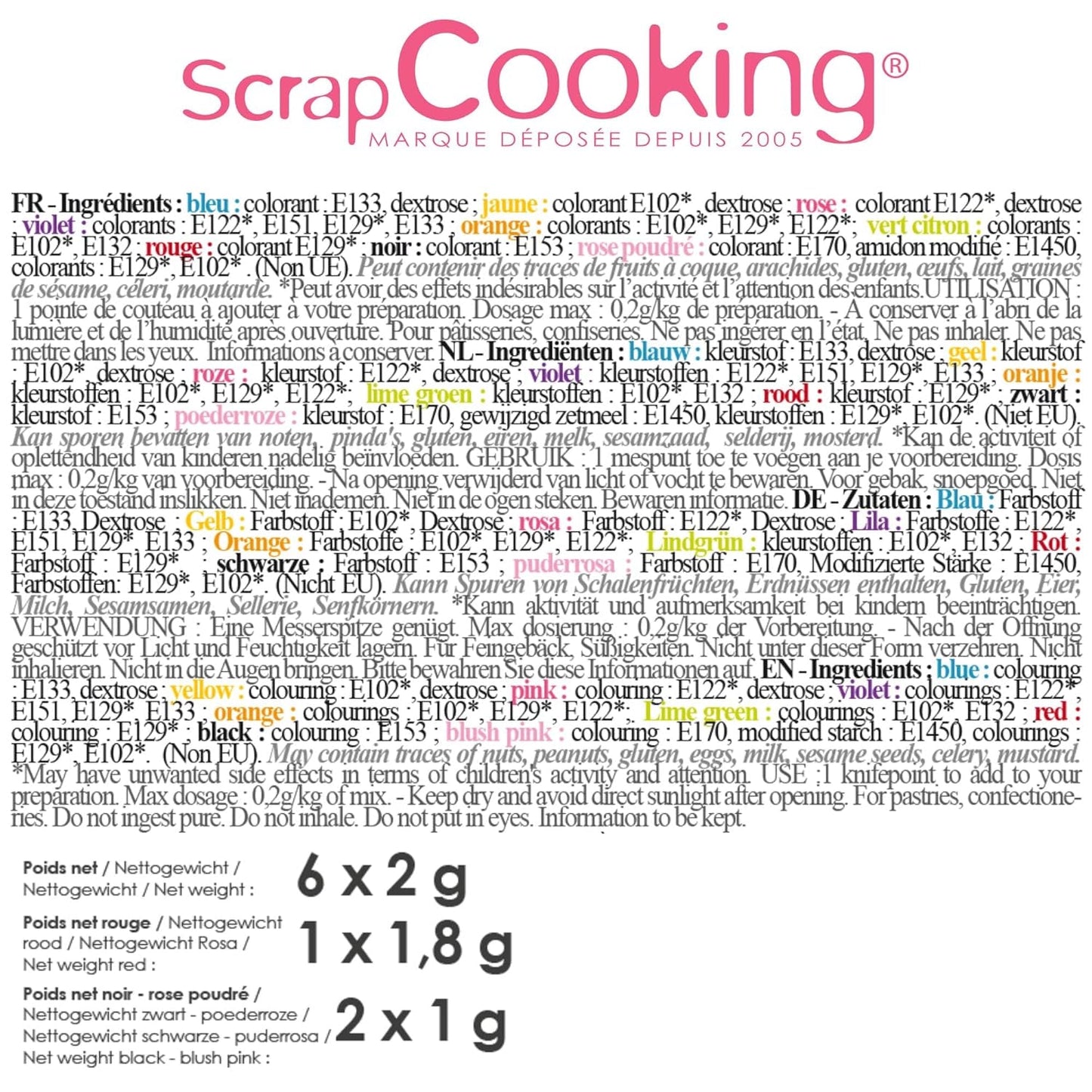 Scrapcooking - Juego de 9 colorantes alimentarios en polvo - Azul, Amarillo, Rosa, Púrpura, Naranja, Verde lima, Rojo, Rosa empolvado, Negro - Colorante en polvo comestible para tartas, muffins, macarons - 4270