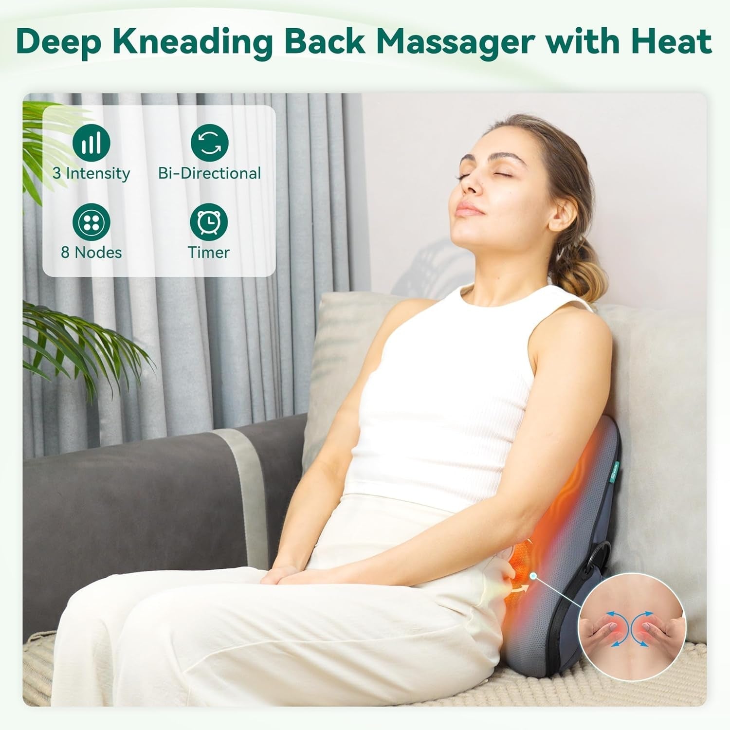 Snailax Almohada Ergonómica de Apoyo Lumbar con Masaje y Calor, Almohada de Espalda Shiatsu de Espuma Viscoelástica, Cojín de Asiento con 3 Intensidades de Masaje | 2 niveles de calor | 3 temporizadores | postura sentada cómoda