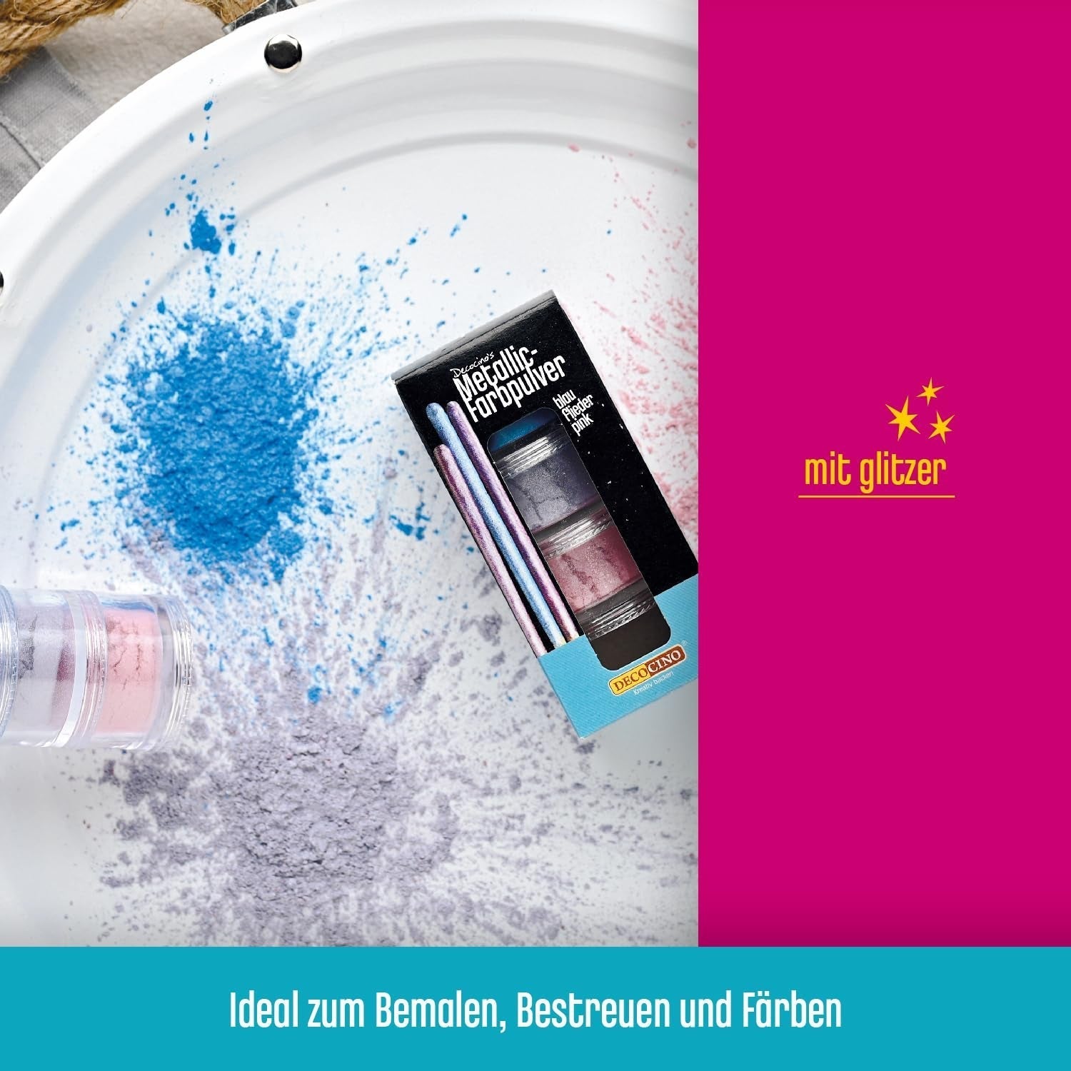 DECOCINO Polvo Colorante Pastel Metálico (3X2G) – Azul, Lila y Rosa – Colorante Alimentario en Polvo – Polvo con Purpurina Adecuado para Fondant como Decoración de Pasteles y Decoración de Pasteles!