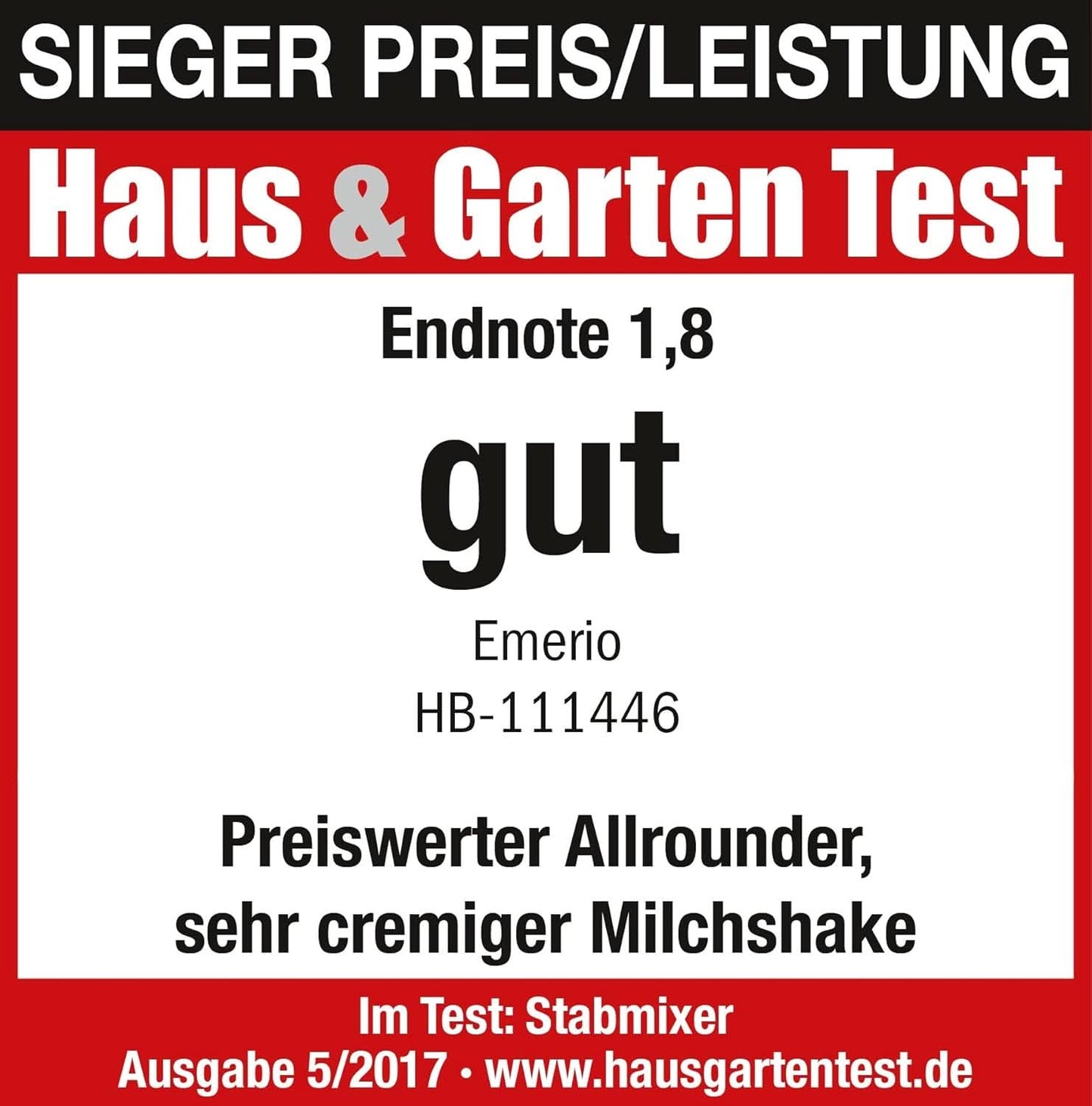 Emerio HB-111446 Batidora de pie, TESTSIEGER Preis/Leistung, Gummierter Rutschfester Griff, Edelstahl, Bpa-Frei, Schwarz, 250W Cocina Naty Shop
