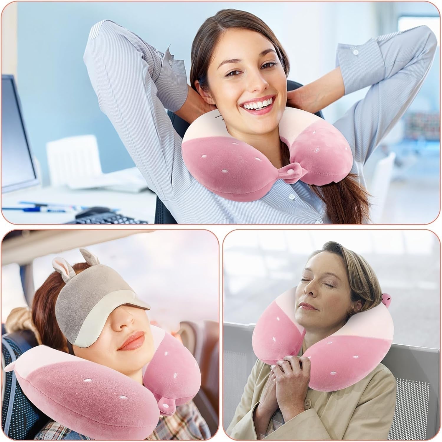 Litimkat Almohada para el cuello para niños, almohada portátil para el cuello, almohada de viaje, almohada de espuma viscoelástica en forma de U, almohada de viaje, avión, coche, tren, oficina, hogar, lindo patrón de animales, funda de almohada desmontable (rosa) Almohadas ortopédicas cervicales Naty Shop