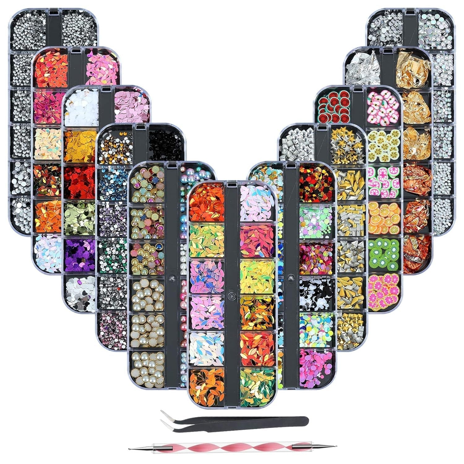 Kit de 8 cajas de strass para decoración de uñas, juego de strass para decoración de uñas, Nagel Kunst Strasssteine ​​​​Gems Perlen Edelsteine ​​​​Bunt Pferdeaugen Strass para Nageldesign Zubehör con 1 pinzetten y 1 Strass Picker para bricolaje