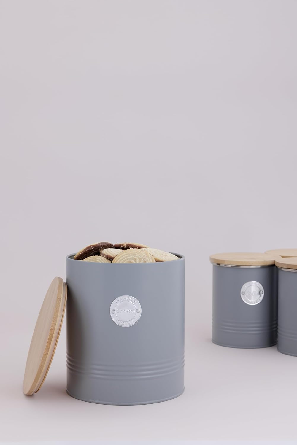Colección LIVING, tarro de galletas con tapa | gris pastel | Caja de almacenamiento para galletas de 3,4 l | tarro de galletas de acero con tapa | Tarros herméticos de bambú con tapa Naty Shop Cajas de almacenamiento de alimentos