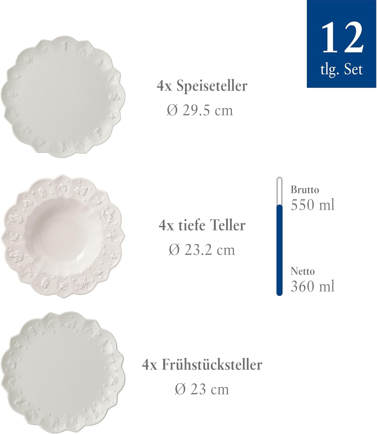 Villeroy & Boch Toy's Delight Royal Classic Vajilla de 12 piezas, Apta para lavavajillas y microondas, Blanco, Platos, Vajilla para 4 personas, Vajilla navideña, Juguetes, Porcelana Premium