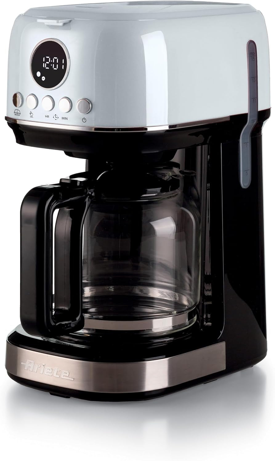 Ariete Moderna 1396 Cafetera espresso con filtro para preparar café americano hasta 15 tazas Jarra de cristal Placa calefactora Pantalla LCD Filtros extraíbles y lavables Blanco